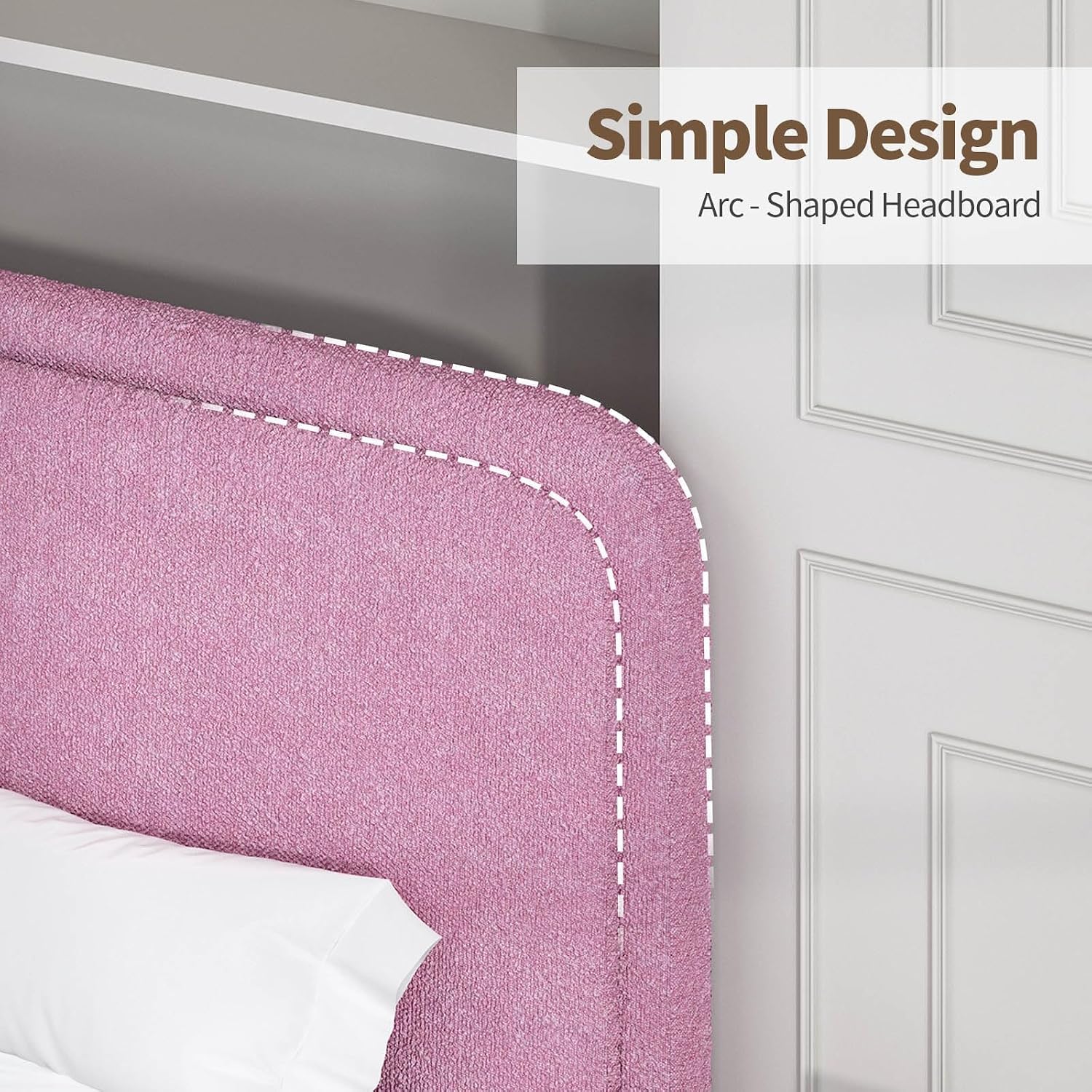 BarnFurin Full Bed Frame, Cloud Boucle Headboard, Rounded Corners, White | Soft boucle and rounded edges create a low-profile cloud look. Wooden slats support the mattress without a box spring
