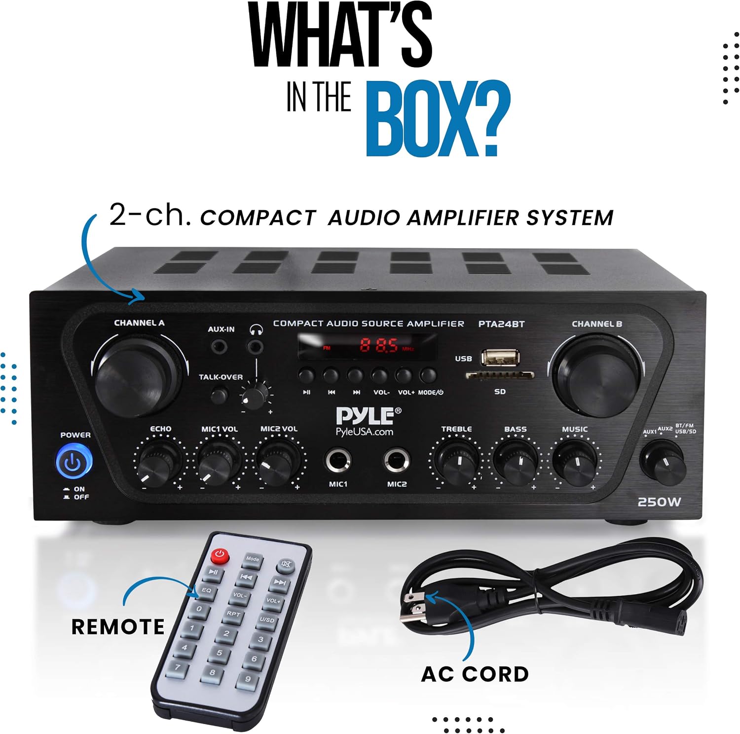 Pyle 2-Channel Bluetooth Home Stereo Amplifier - 250W Wireless Audio Receiver, Karaoke Optimized: Dual Mic In with Echo, Mic Talk-Over, FM Radio