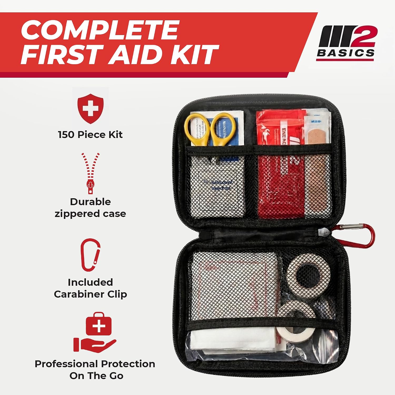 M2 BASICS 150 Piece Premium First Aid Kit, Compact Bag for Purse & Travel | On-The-Go Emergency Use, Backpack, Glove Box, Luggage, Carry-On, School