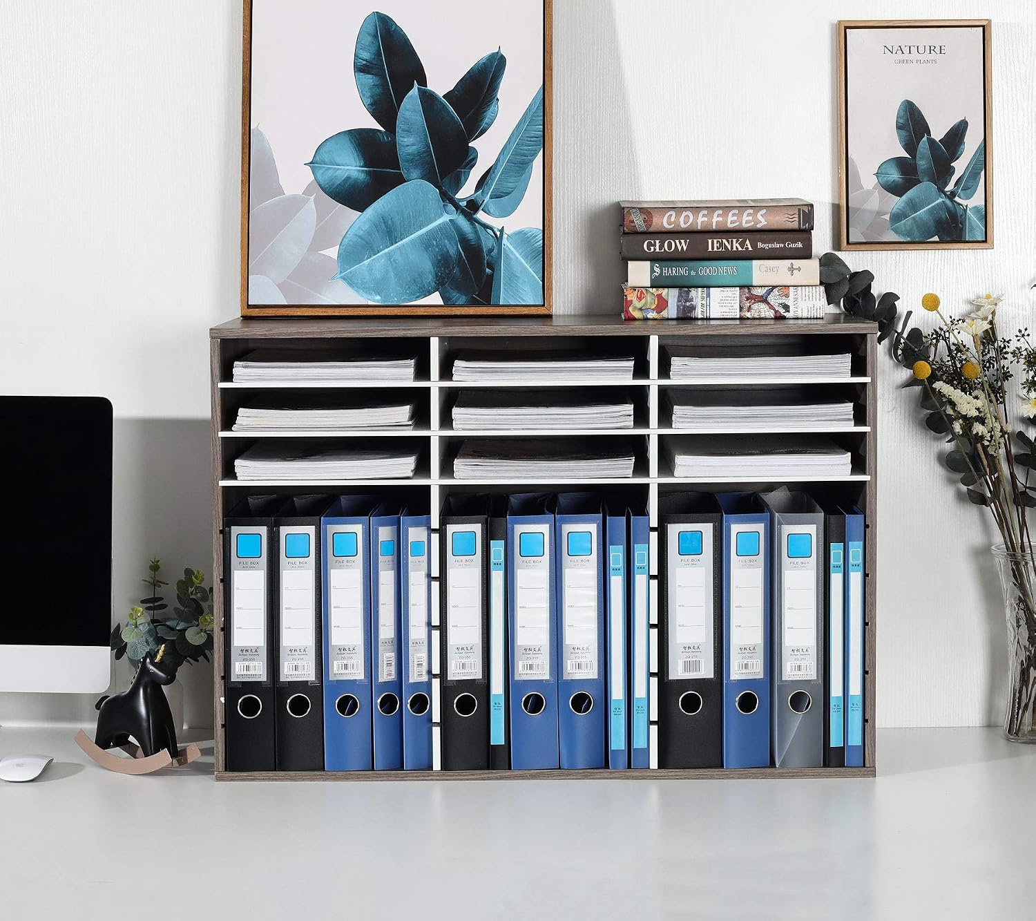 TQVAI Wood Literature Organizer, 27 Slots Hold 13500 Sheets A4 Papers, Wooden Desk File Paper Storage Organizer with Adjustable Shelves