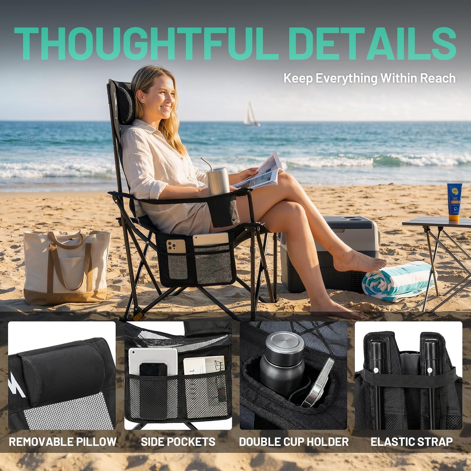 Overmont Reclining Camping Chair with Footrest - 4-Position Adjustable Backrest Lightweight Folding Lounge Chair for Adults with Pillow Carry Bag