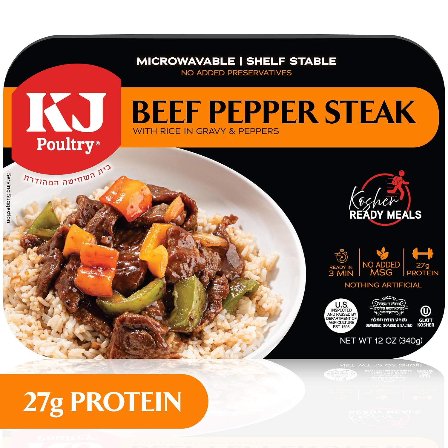 KJ Poultry Kosher Ready Meals - Beef Pepper Steak & Rice, MRE Meat Meals Ready to Eat (1 Pack) Prepared Entree Fully Cooked, Shelf Stable Microwave Dinner Travel, Military, Camping, Emergency Survival