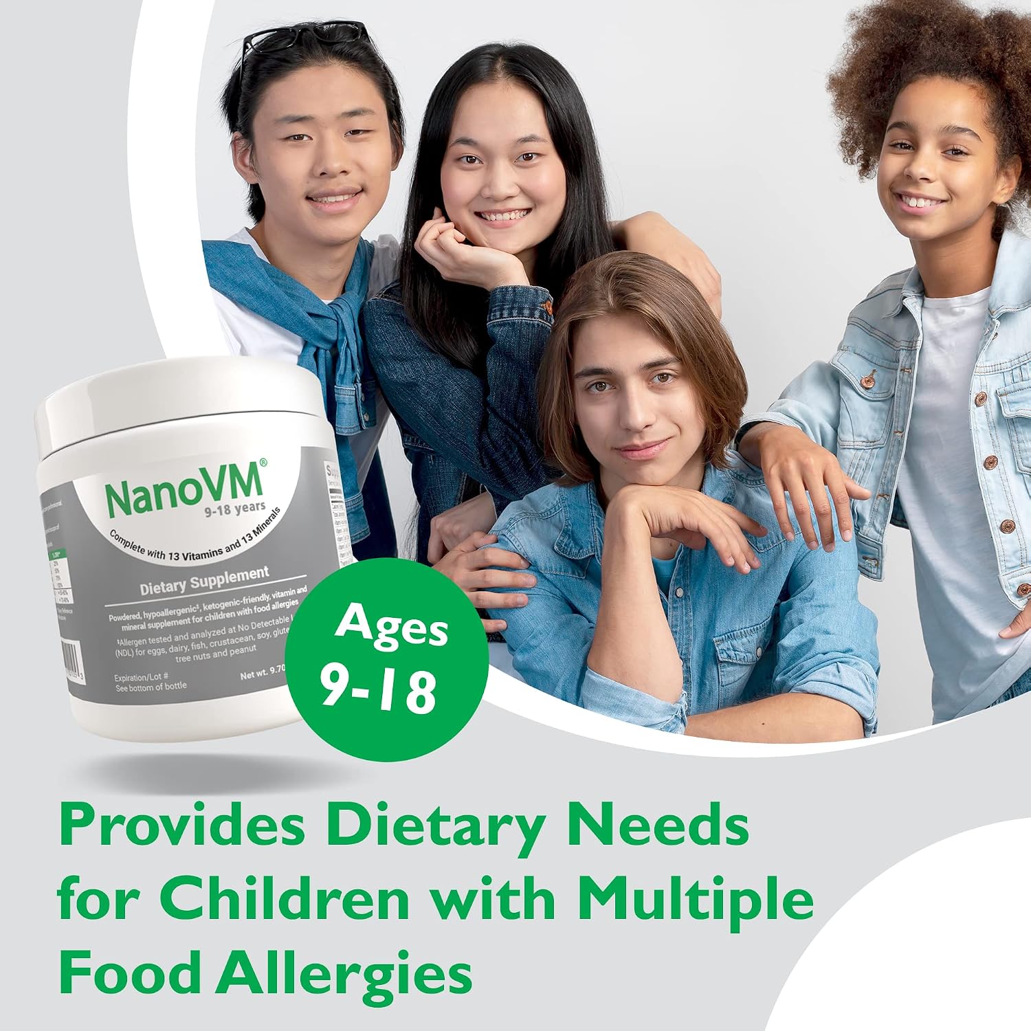 1-3 Years, Allergen-Free Multivitamin for Kids, Unflavored Dietary Supplement, Powdered Supplement with 14 Vitamins & 13 Minerals, Low-Carbohydrate Toddler Vitamins, 275g - Solace Nutrition