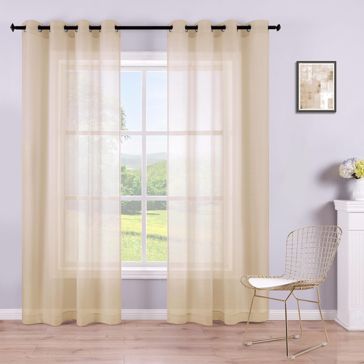 KOUFALL White Sheer Curtains 72 Inches Long for Bedroom Set of 2 Panels Grommet Faux Linen Window Voile Semi Baisc Decorative Sheer Curtains for