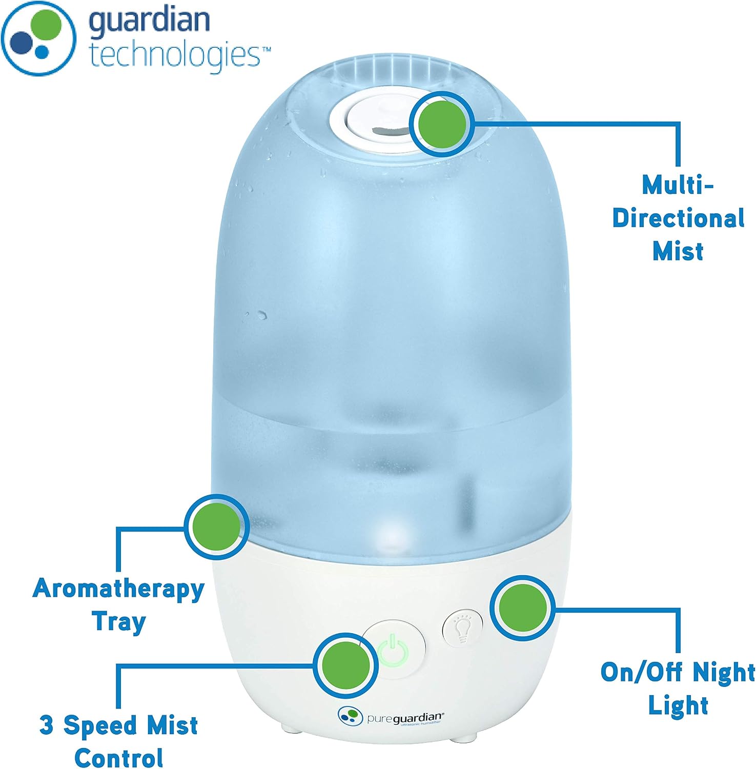PureGuardian Ultrasonic Cool Mist Humidifier with Aromatherapy Tray, 70-Hour Run Time, 1-Gallon Tank Capacity, 320 Sq. Ft. Coverage for Small Rooms
