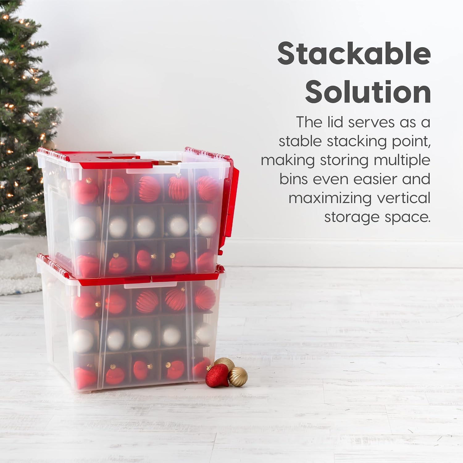 IRIS USA 2-Pack Holiday Ornament Storage Box with Attached Lid, Clear/Red