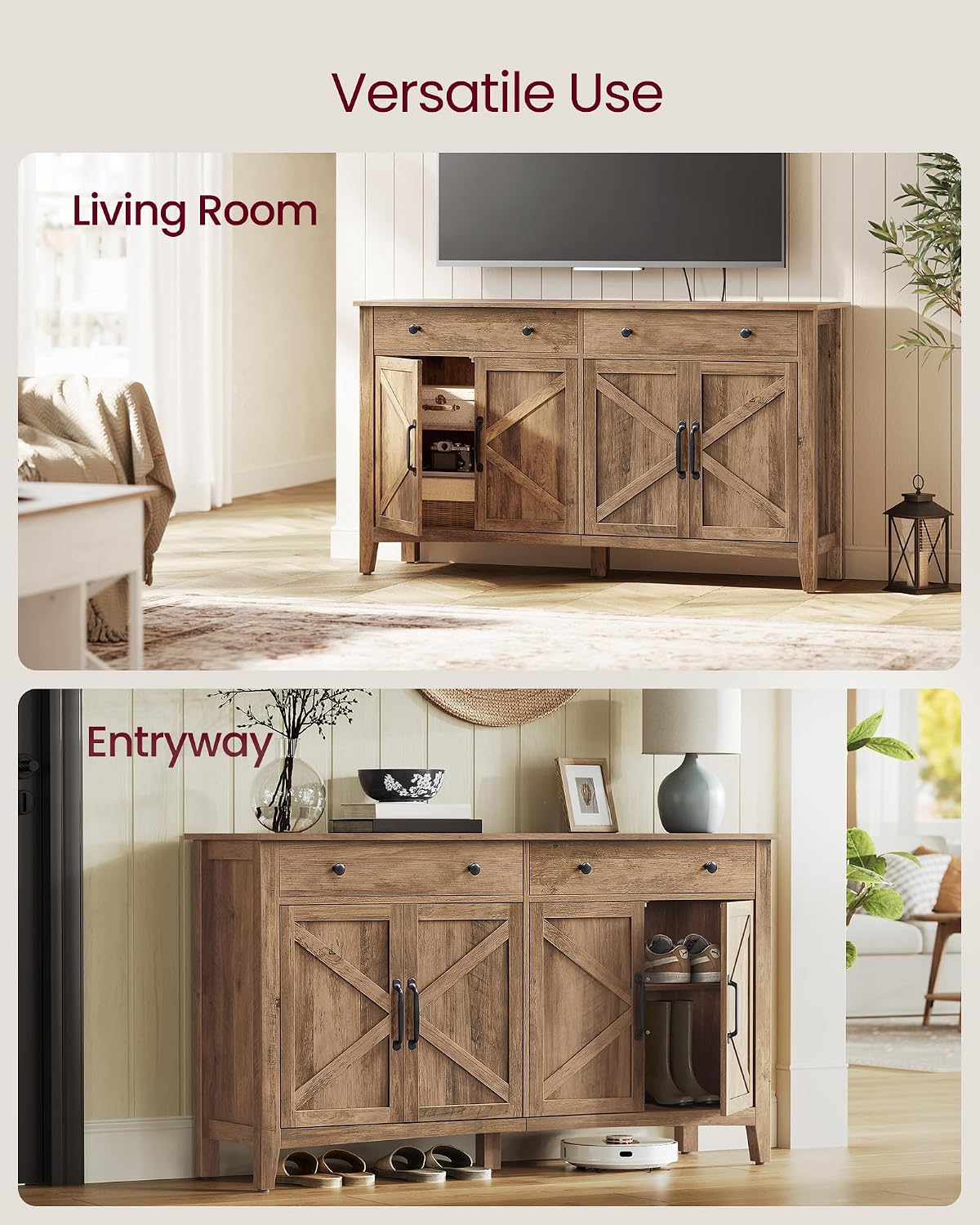 VASAGLE LIRY Collection - Storage Cabinet, Buffet Cabinet, Sideboard, Credenza, with Adjustable Shelves, for Entryway, Rustic White and Honey Brown ULSC381W01