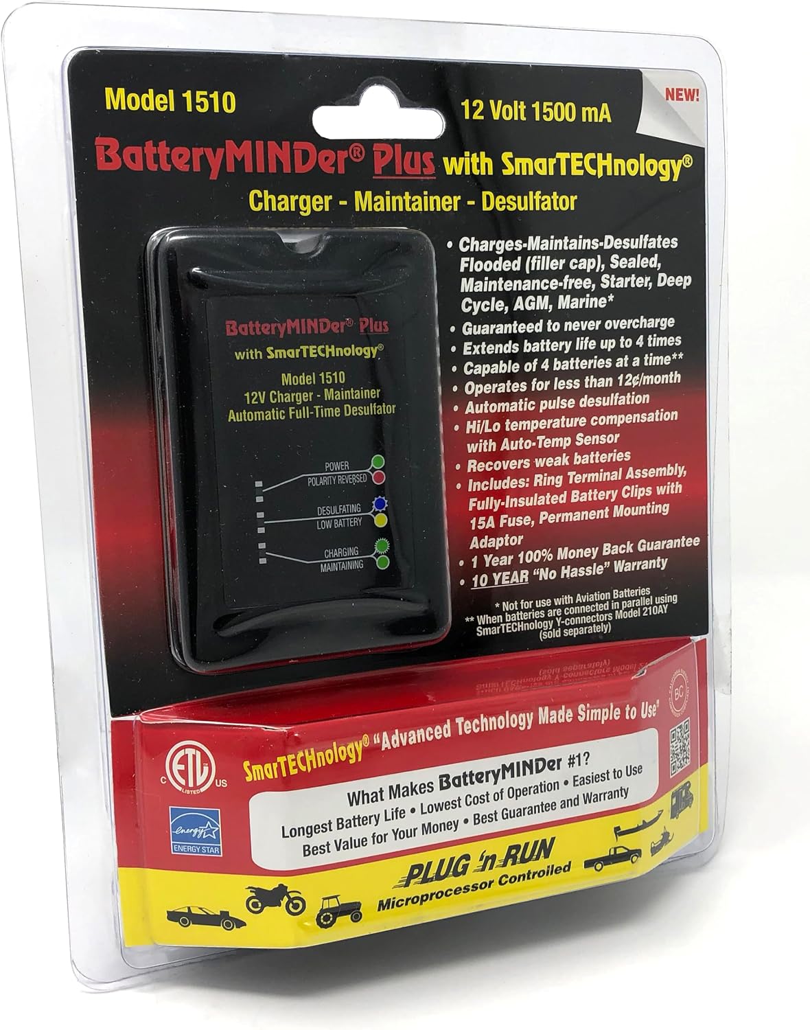 1510 12 Volt-1.5 Amp Smart Battery Charger, Maintainer & Desulfator, Automatic Trickle Charger for Car, Motorcycle