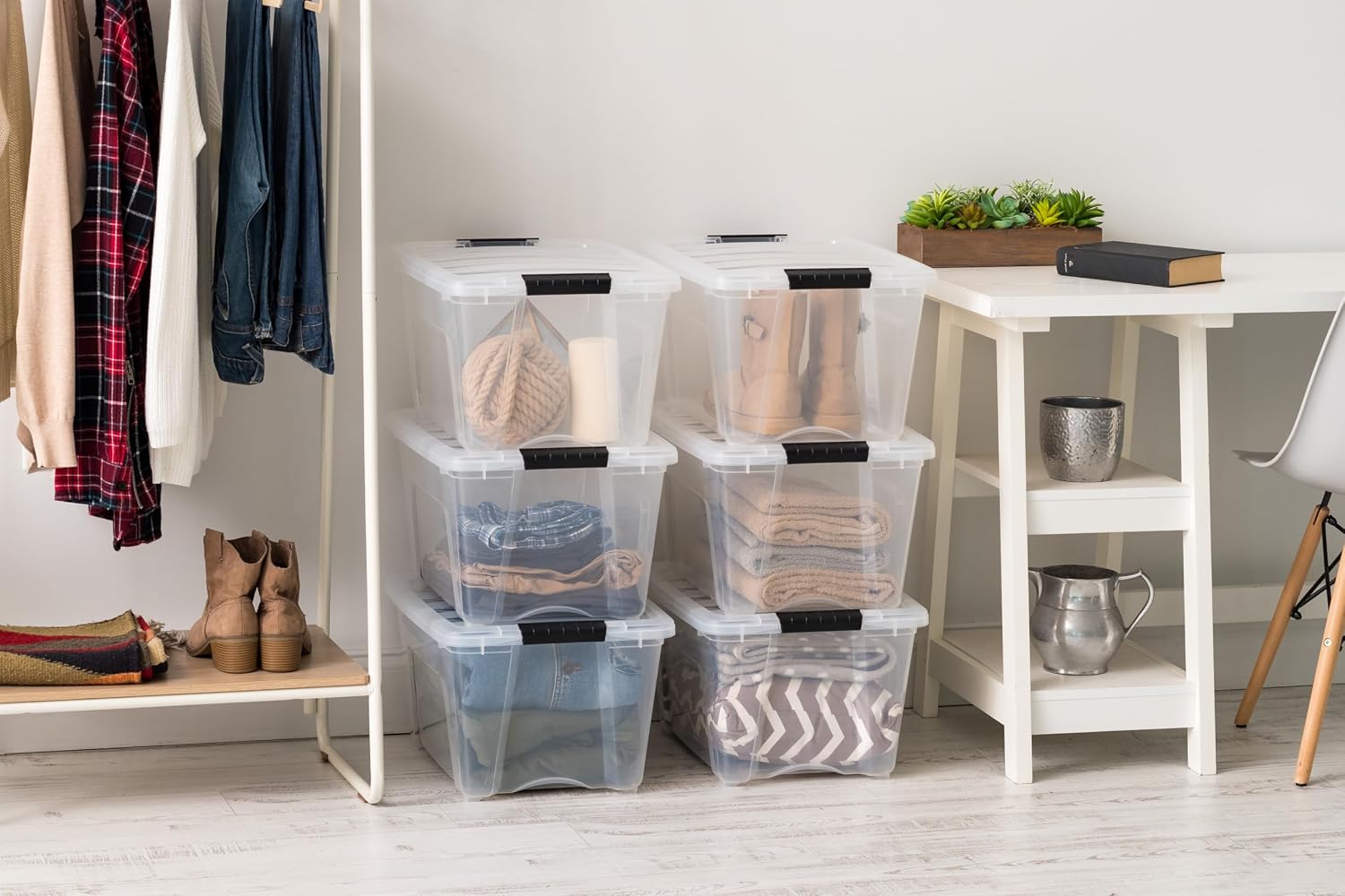 IRIS USA 6-Pack 54 Quart Storage Bins with Lids, Clear | Transparent design makes contents easy to find. Perfect for moving, blankets, clothing, and garage storage. Nestable design