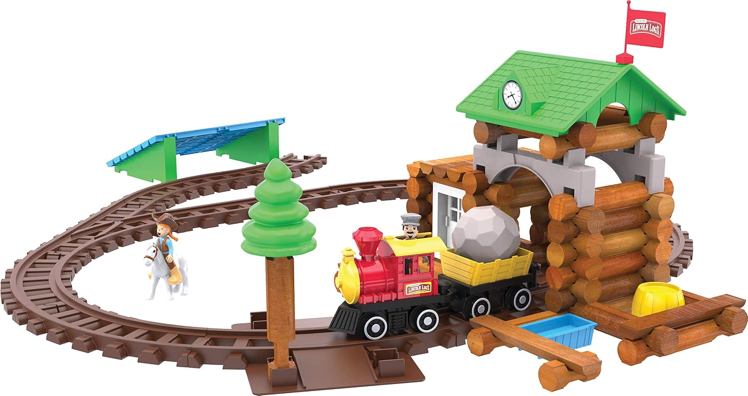 LINCOLN LOGS-Sawmill Express Train - 101 Parts - Real Wood Logs - Buildable Train Track-Ages 3+ - Best Retro Building Gift Set for