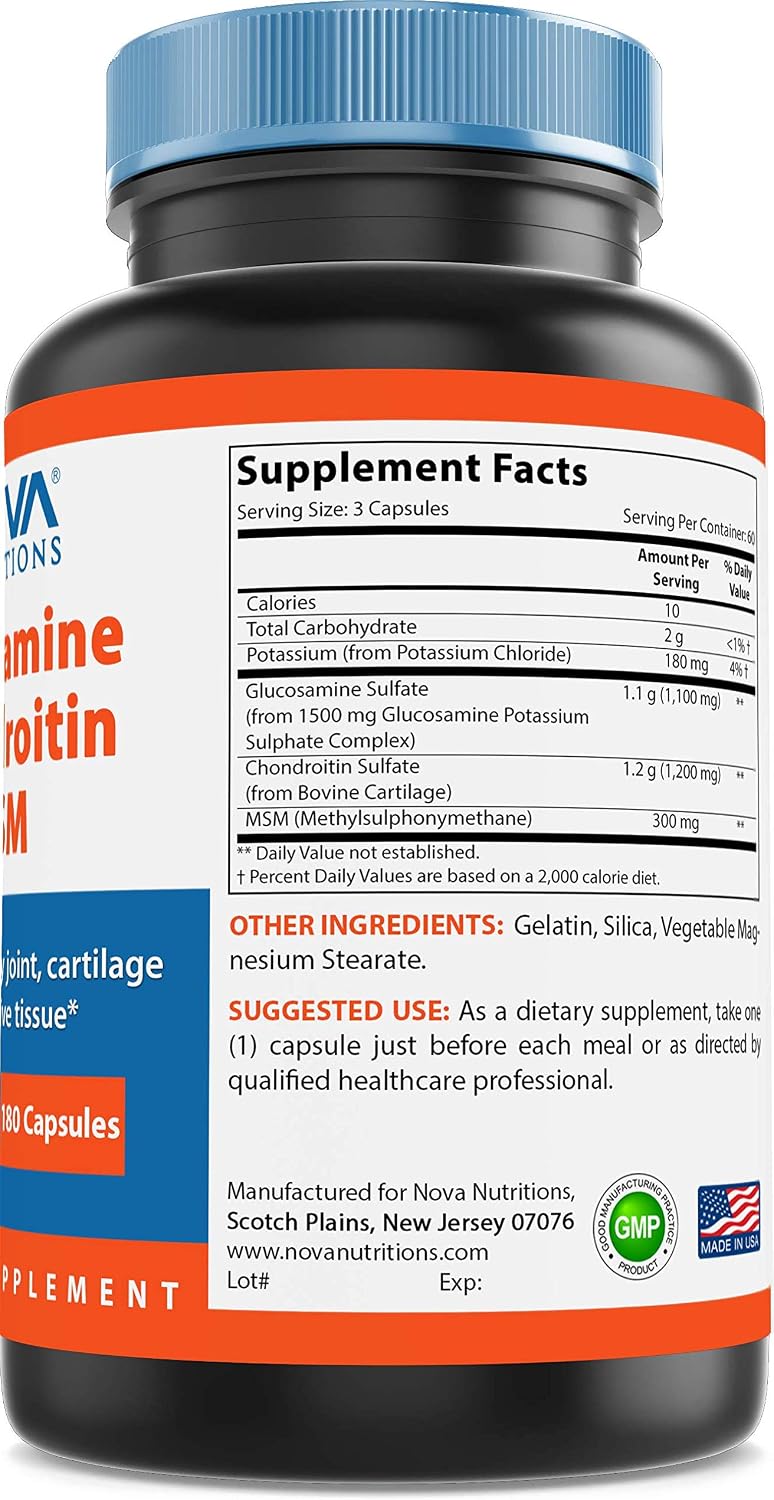 Nova Nutritions Triple Strength Glucosamine Chondroitin MSM 2600mg/Serving Capsules, Supports Healthy Joint
