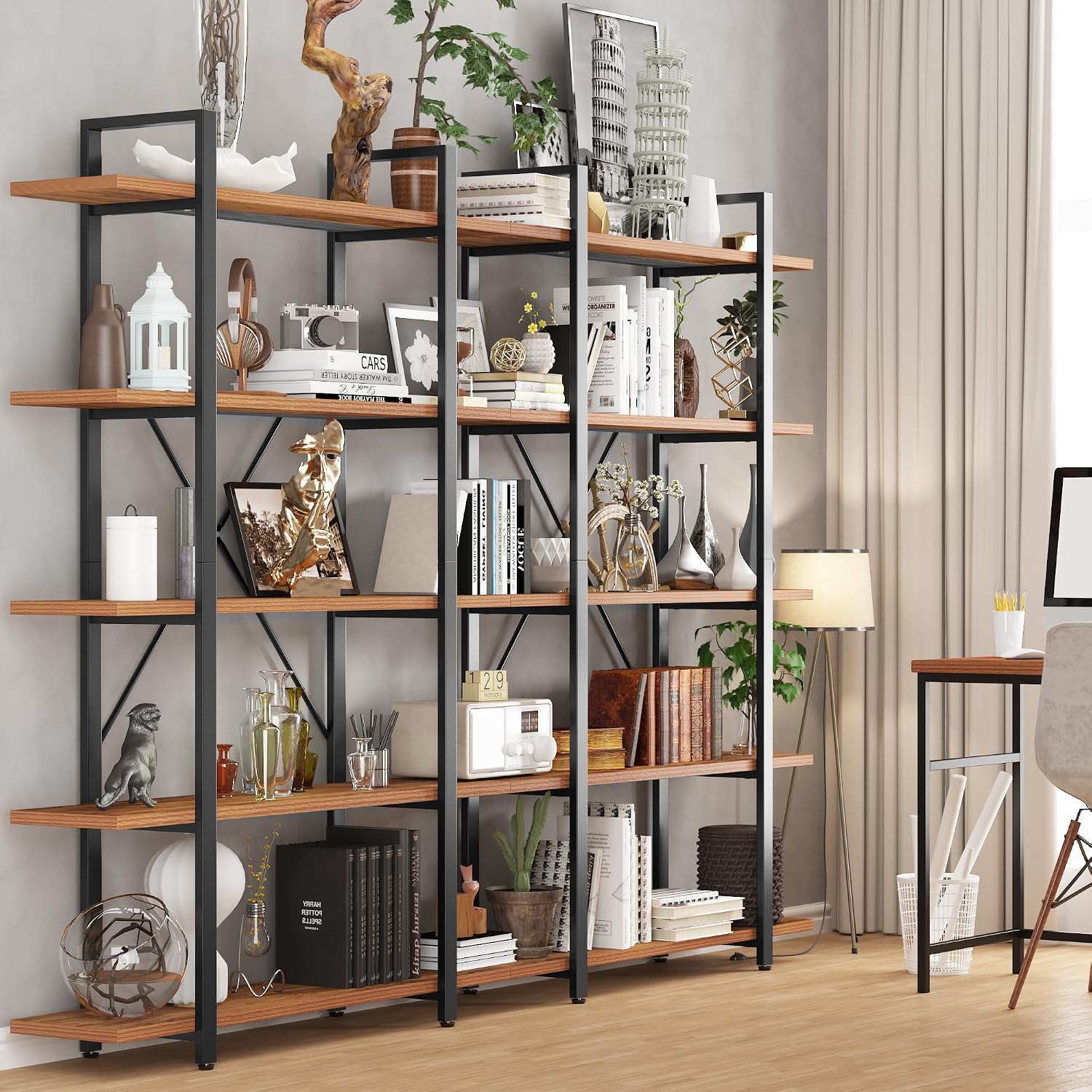 BATHWA Wood and Metal Minimalist 5 Tier Bookshelf, 6 feet Tall Open Rustic Wide Bookcase Industrial Style