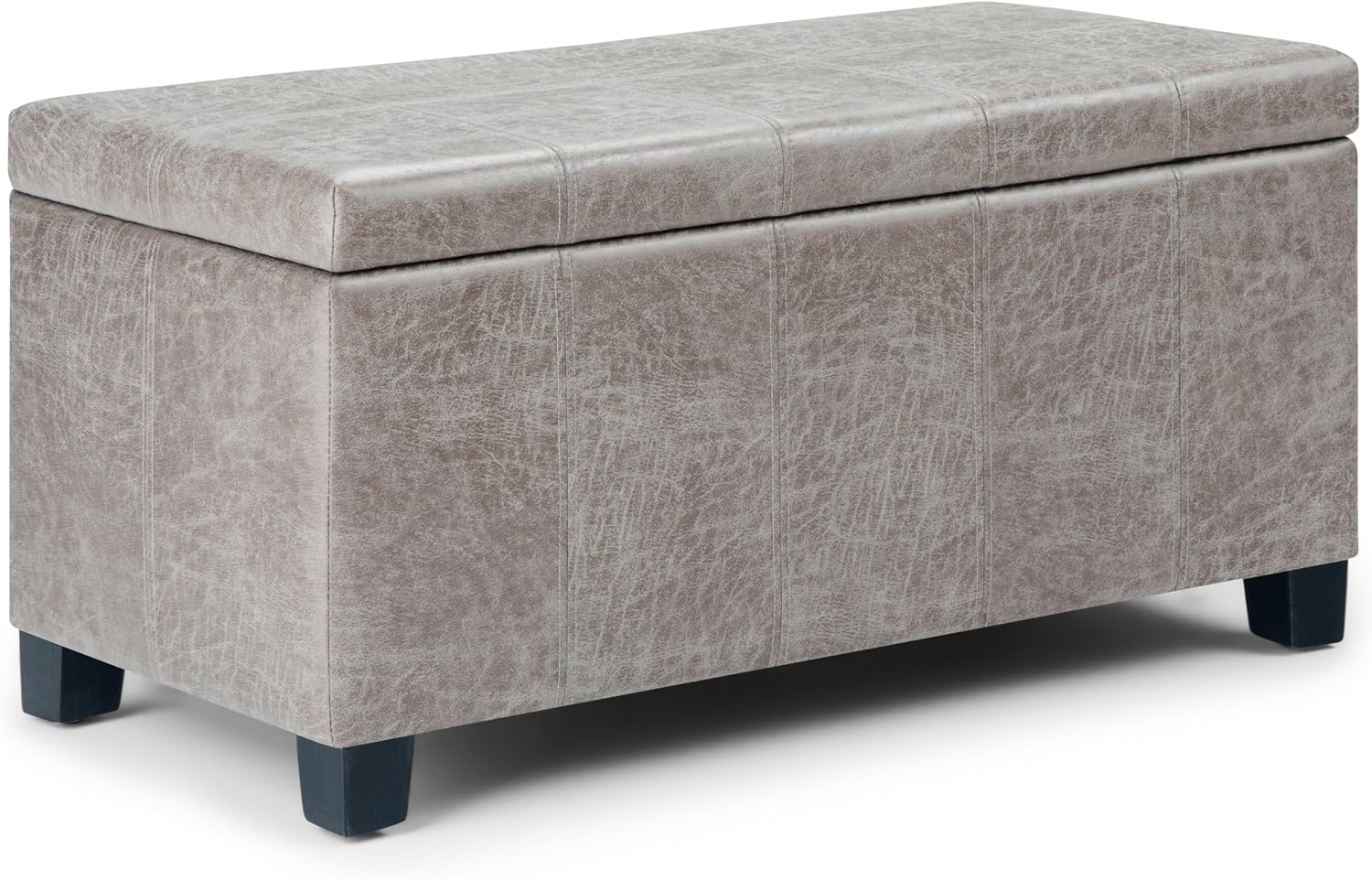 SIMPLIHOME Dover 36" Wide Vegan Leather Storage Ottoman in Midnight Black | Distressed umber brown, contemporary ottoman with lift-top and safety hinges; rectangle storage bench for living room.