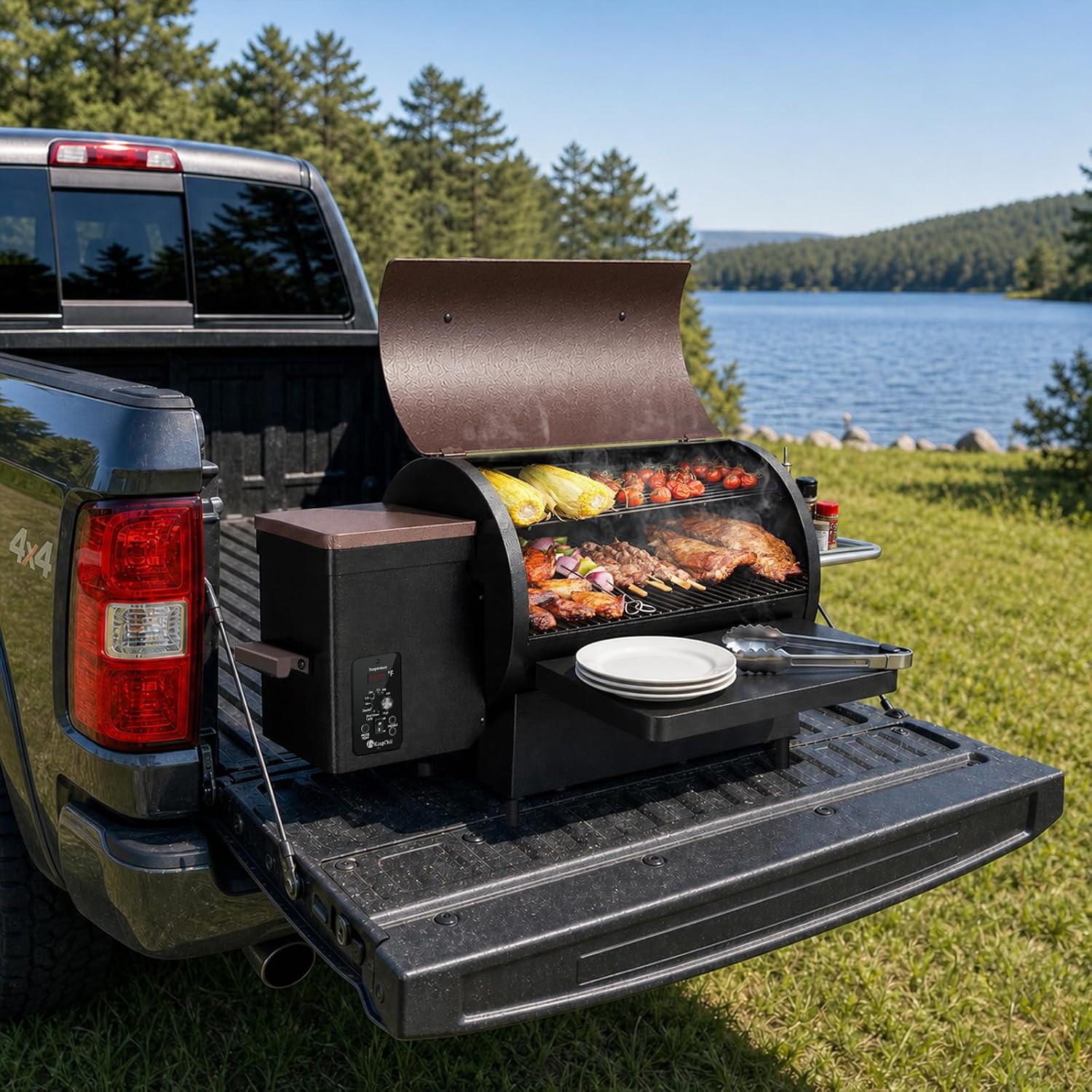 KingChii Electric Wood Pellet Grill & Smoker with Side Shelf, 456 SQ.IN Grill Capacity, with PID Temperature Control (180-425°F) for Backyard Camping Bake and Roast, Black