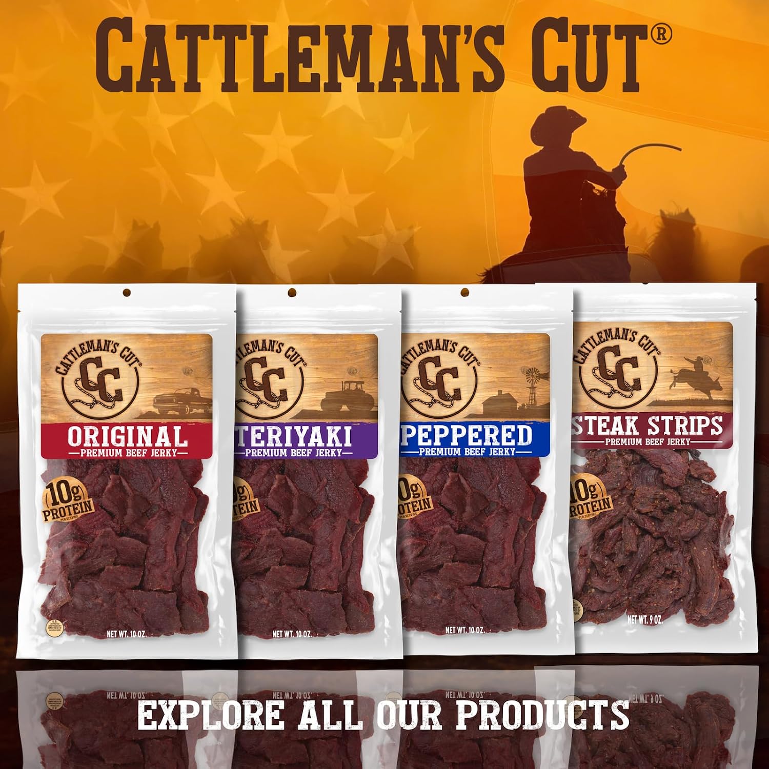 Cattleman's Cut Original Beef Jerky, Premium Marinated Steak High Protein Meat Snacks, Keto Friendly, Gluten Free, Carnivore Travel Snack, Resealable Bag, 10 Ounces
