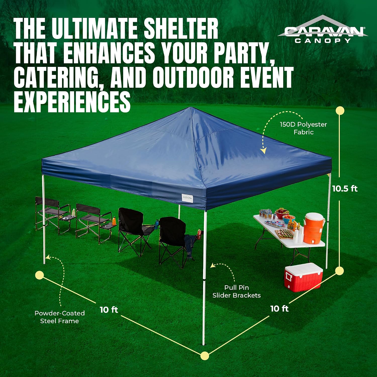 Caravan Canopy 12 by 12 Foot Polyester Straight Steel Leg Instant Pop Up Canopy Tent with Adjustable Height for Outdoor Events, Blue | 150D polyester top with 99 percent UV protection, 3 height settings to 9 ft, steel frame, roller bag and 4 stakes