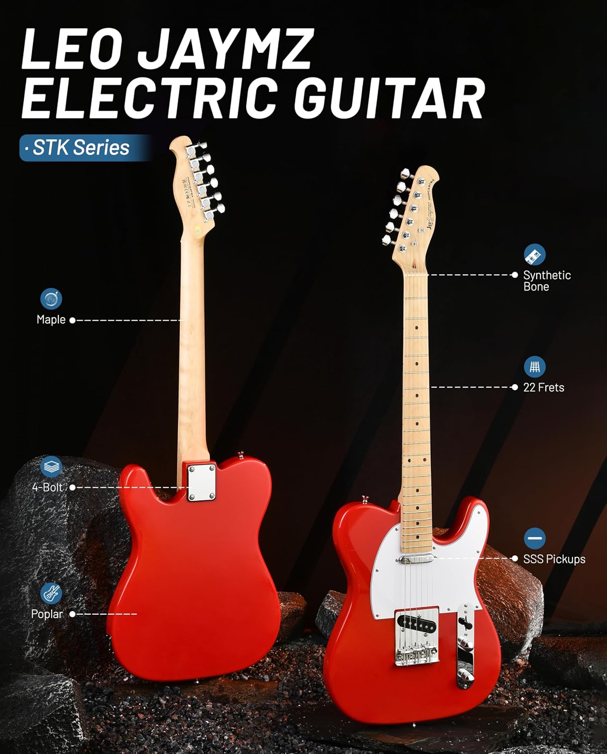 Leo Jaymz Beginner Electric Guitar Complete Kit with Portable Amp, Padded Gig Bag & Full Accessories, Maple Neck (TL-White)