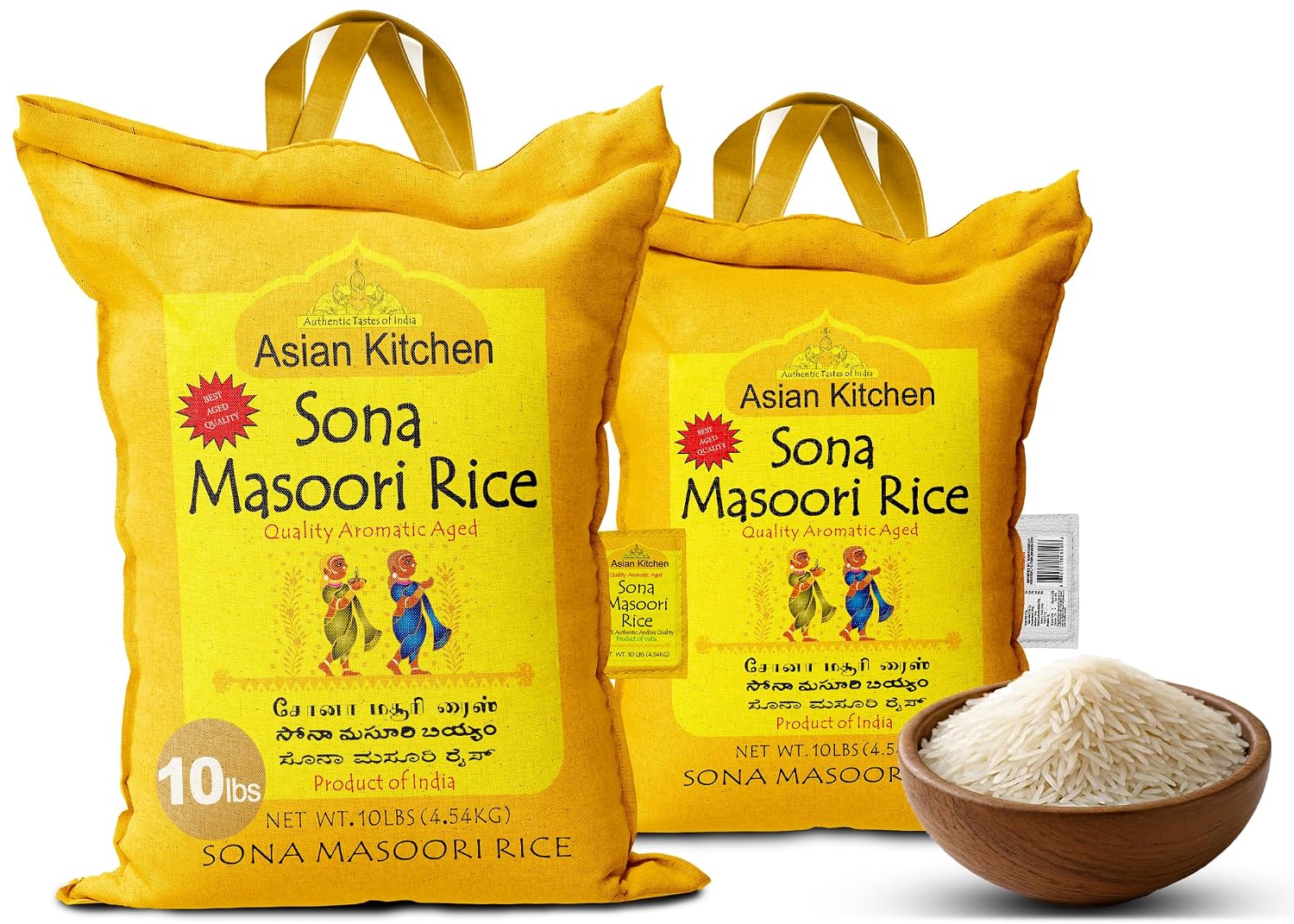Asian Kitchen White Sona Masoori Aged Rice 20-Pound Bag, 20lbs (9.08kg) Short Grain Rice ~ All Natural | Gluten Friendly | Vegan | Kosher | Indian Origin | Export Quality