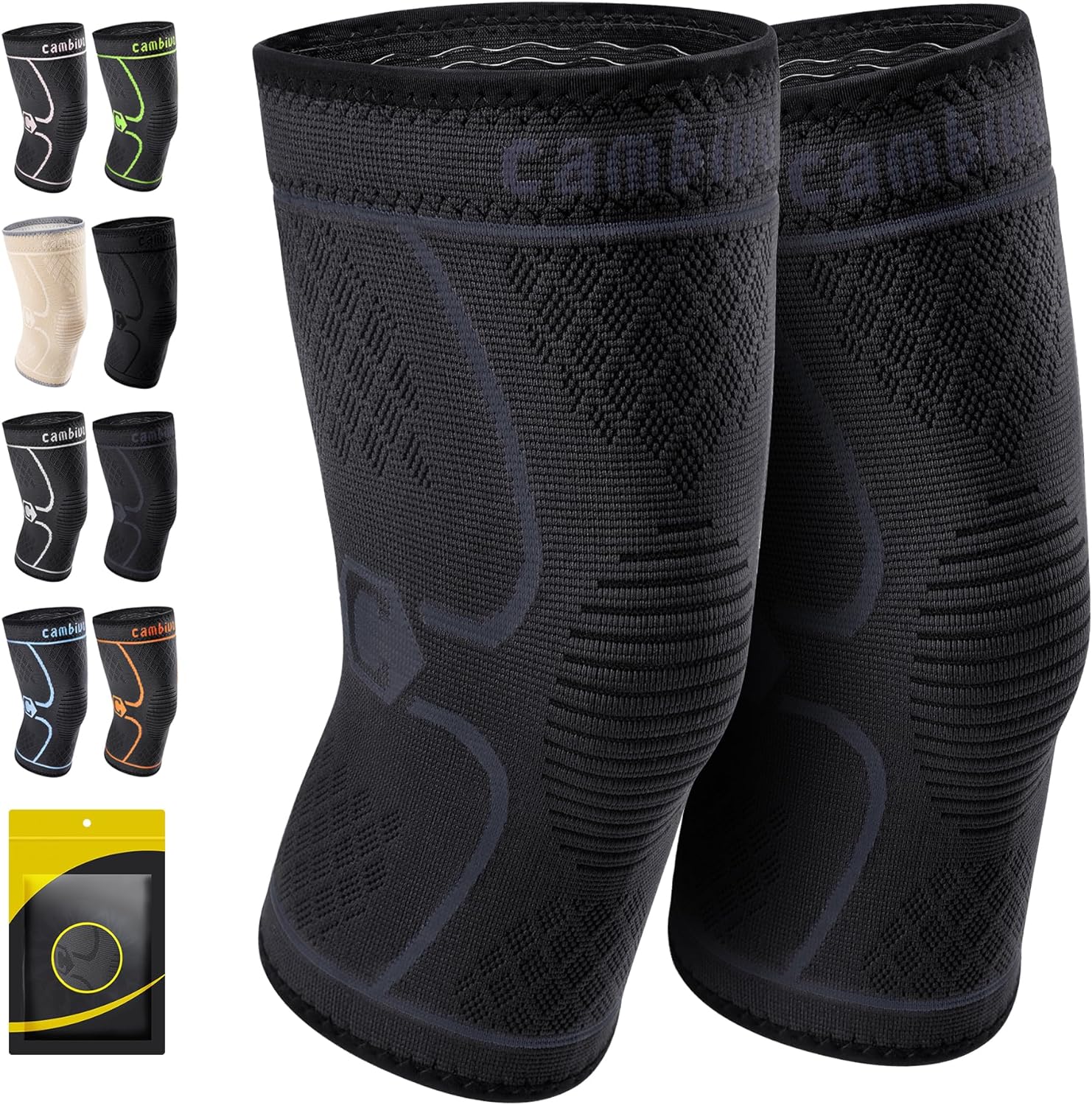 CAMBIVO 2 Pack Knee Braces for Women & Men, Knee Compression Sleeves for Knee Pain Relief, Knee Support with Non-Slip Silicone, Breathable, for Running, Workout, Weightlifting & Daily Use, Arthritis Support (Black, Medium)
