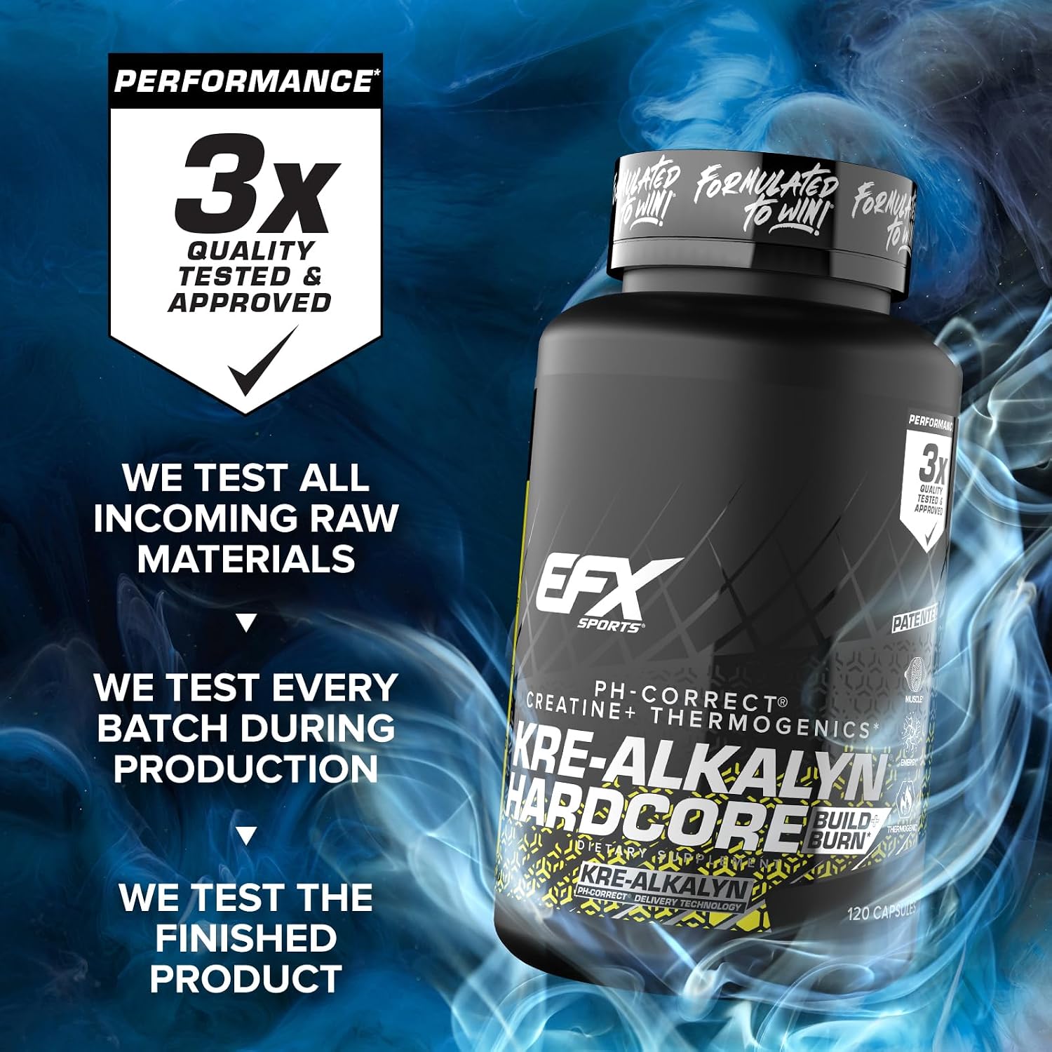 EFX Sports Kre-Alkalyn Hardcore | Thermogenic pH Correct Creatine Monohydrate Pill Supplement | Energy & Strength Pre Workout | 40 Servings, 120 Capsules