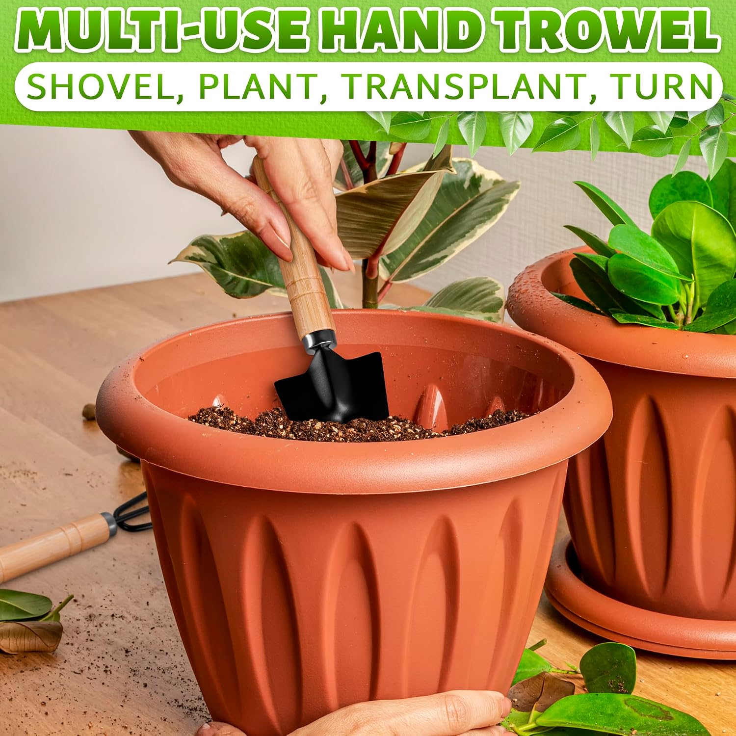 3 Pcs Mini Garden Tools, Shovel, Rake, Wooden Handles, Steel Heads | Small Gardening Tools Set, Tiny Trowel for Transplanting, Repotting and Planting, for Indoor Plants, Succulents and Bonsai