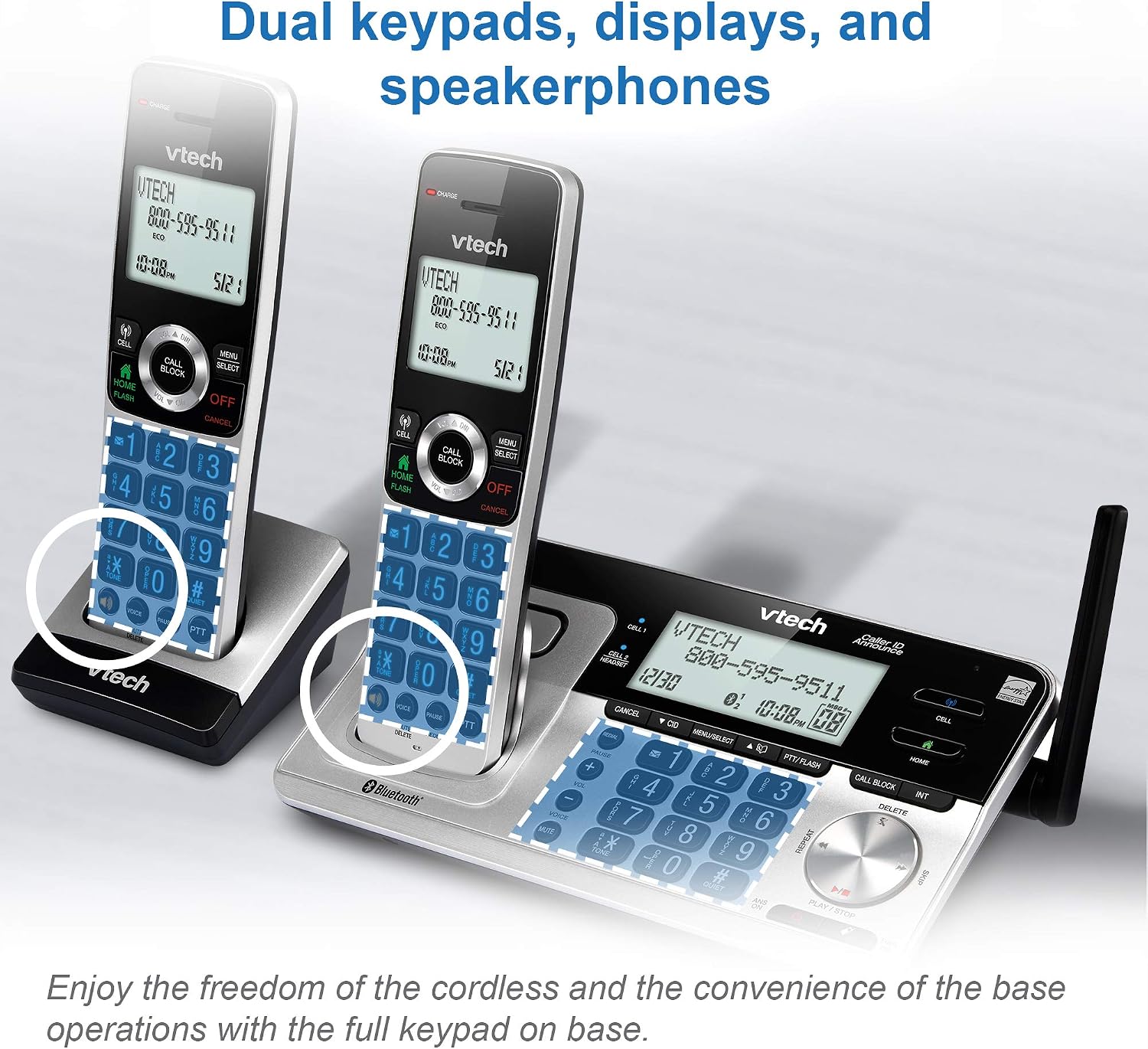 VTech VS113-5 Extended Range 5 Handset Cordless Phone for Home with Call Blocking, Connect to Cell Bluetooth, 2" Backlit Screen, Big Buttons