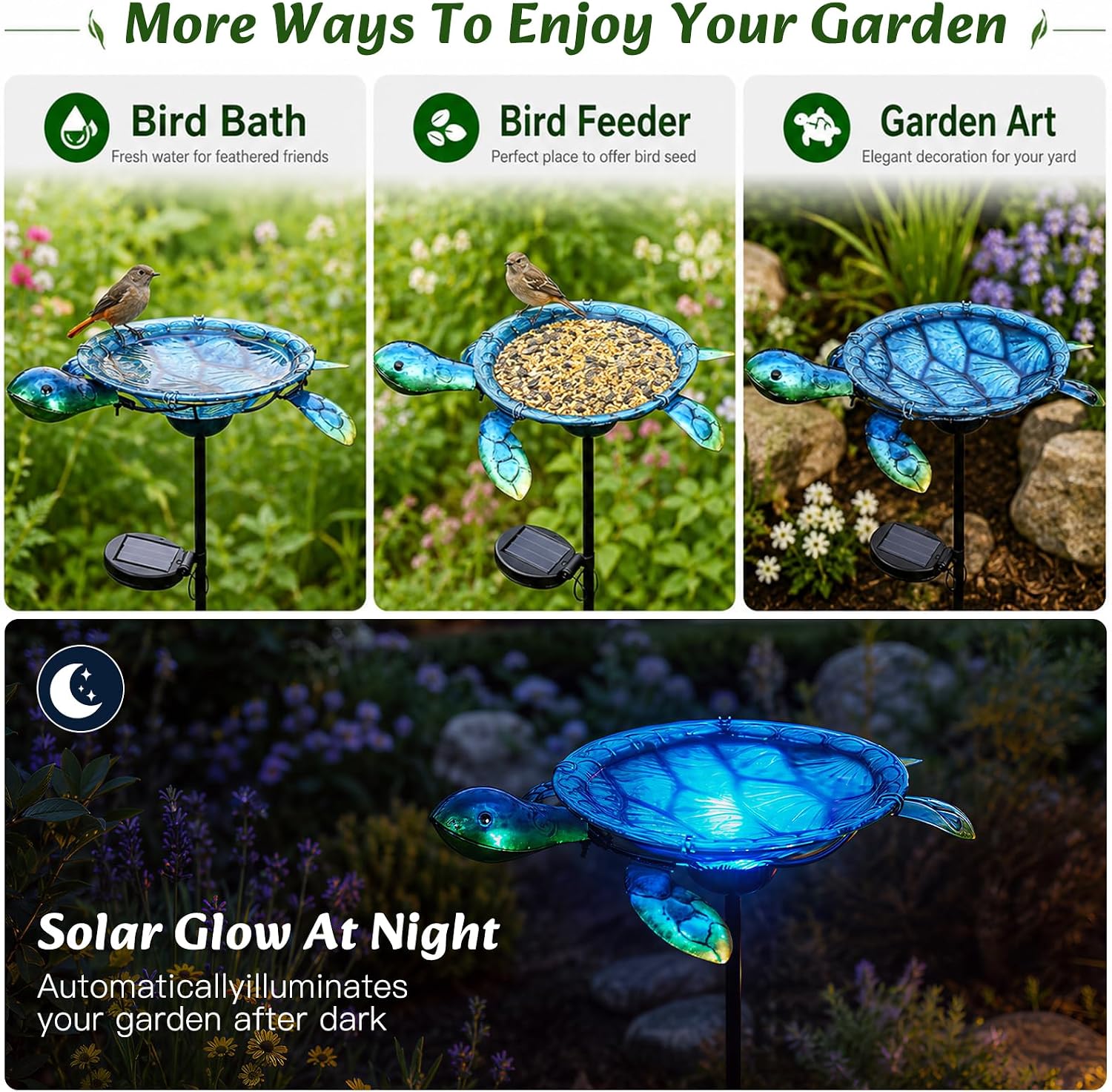 MUMTOP Outdoor Bird Bath Solar Birdbath Garden Feeder with Metal Stake,Blue