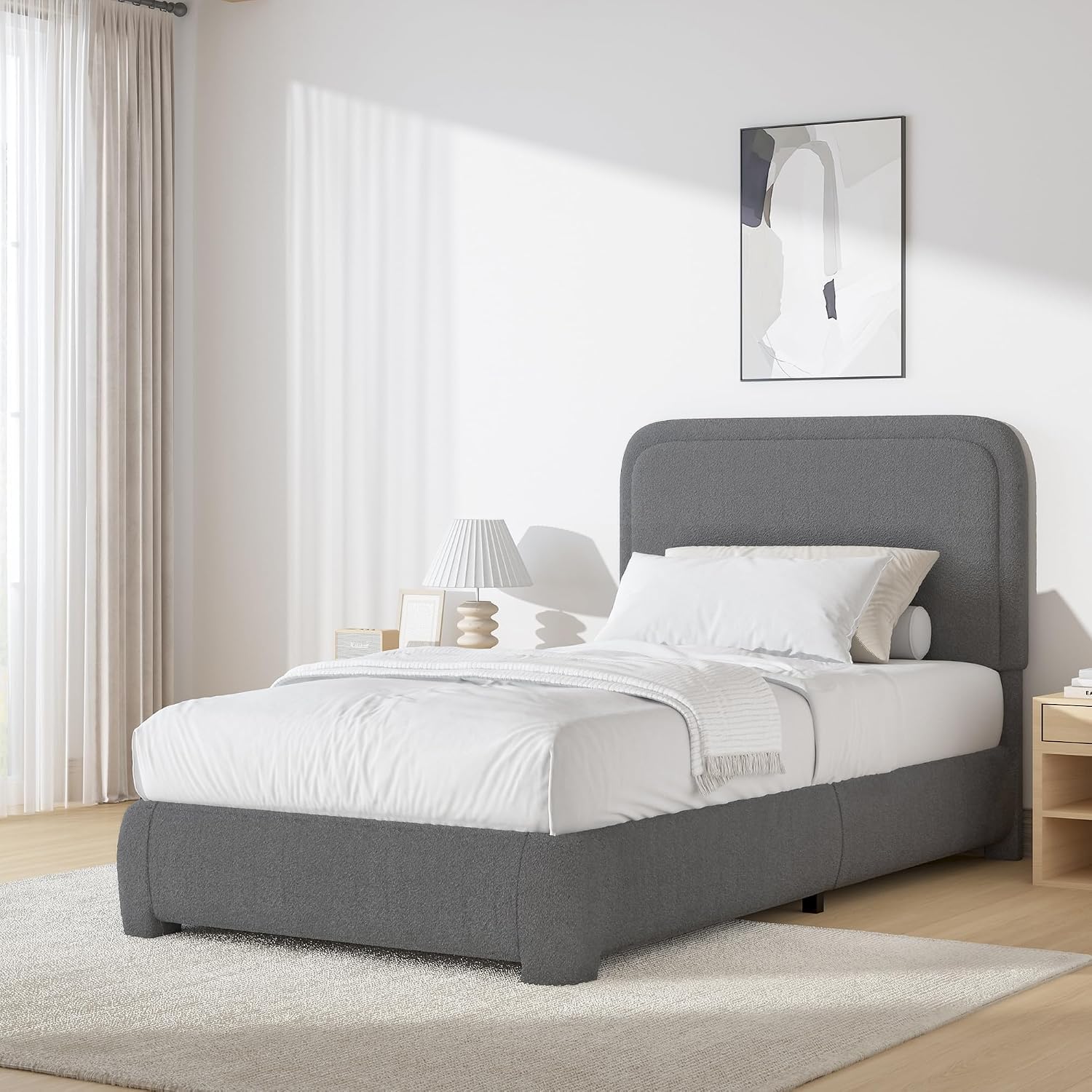BarnFurin Full Bed Frame, Cloud Boucle Headboard, Rounded Corners, White | Soft boucle and rounded edges create a low-profile cloud look. Wooden slats support the mattress without a box spring