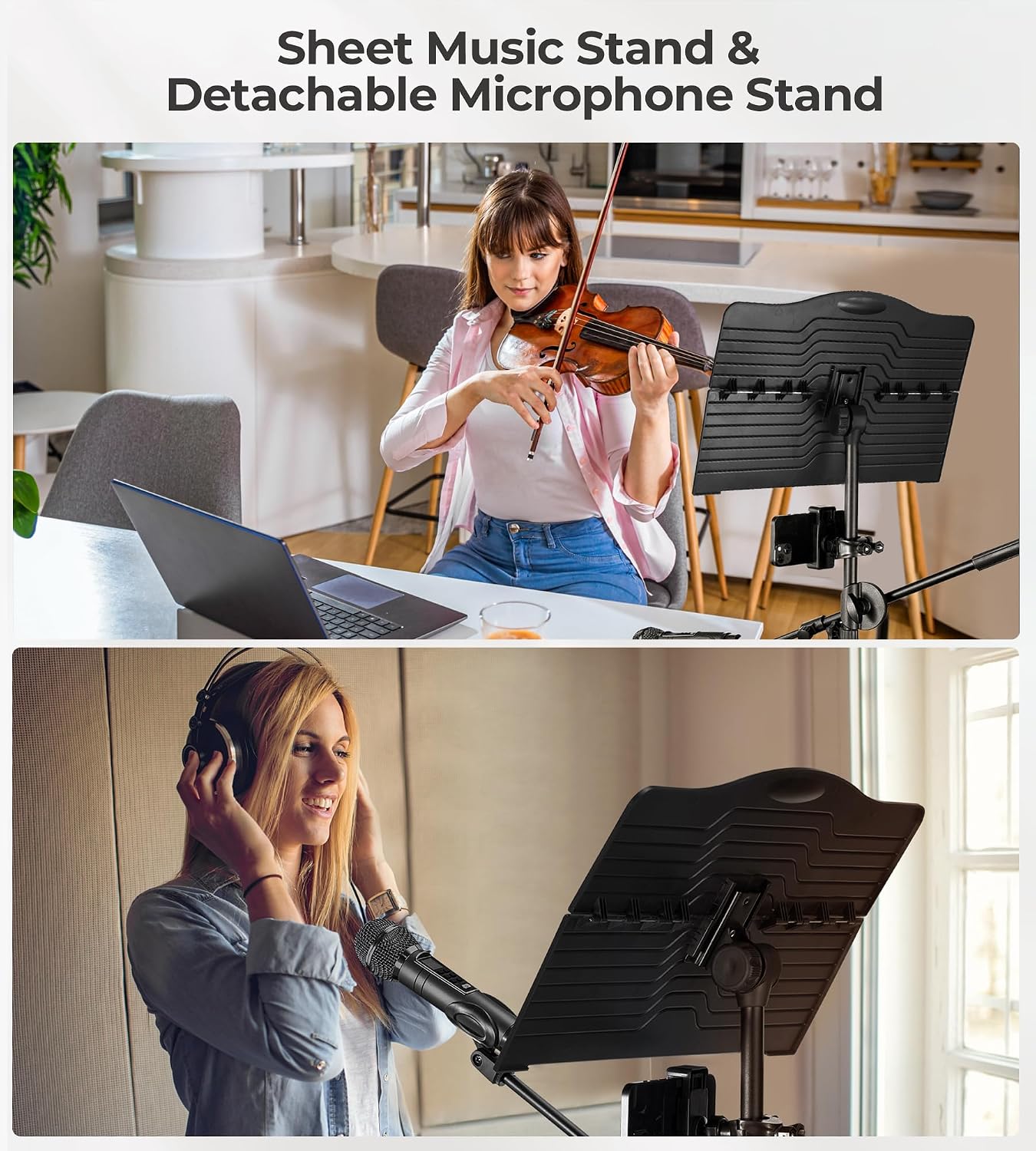 Music Stand, Vangoa Folding Sheet Music Stand with Detachable Microphone Stand & Phone Holder, Portable Lightweight with Music Sheet Clip Holder & Carrying Bag for Instrumental Performance