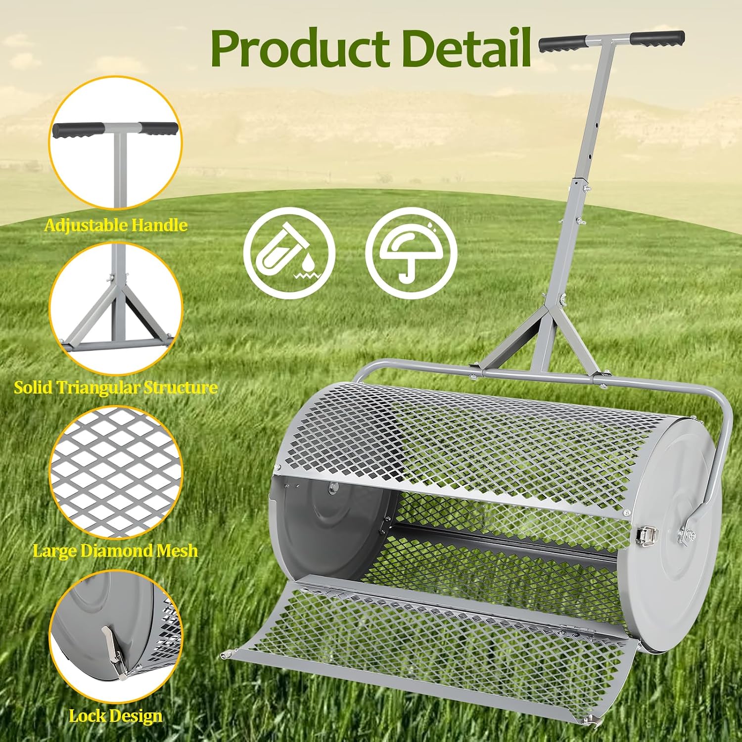 FAHKNS Compost Spreader for Lawn and Garden, 27 inch Metal Roller Spreader with Adjustable Handle, Heavy-Duty Fertilizer Spreader for Yard Work, Gray