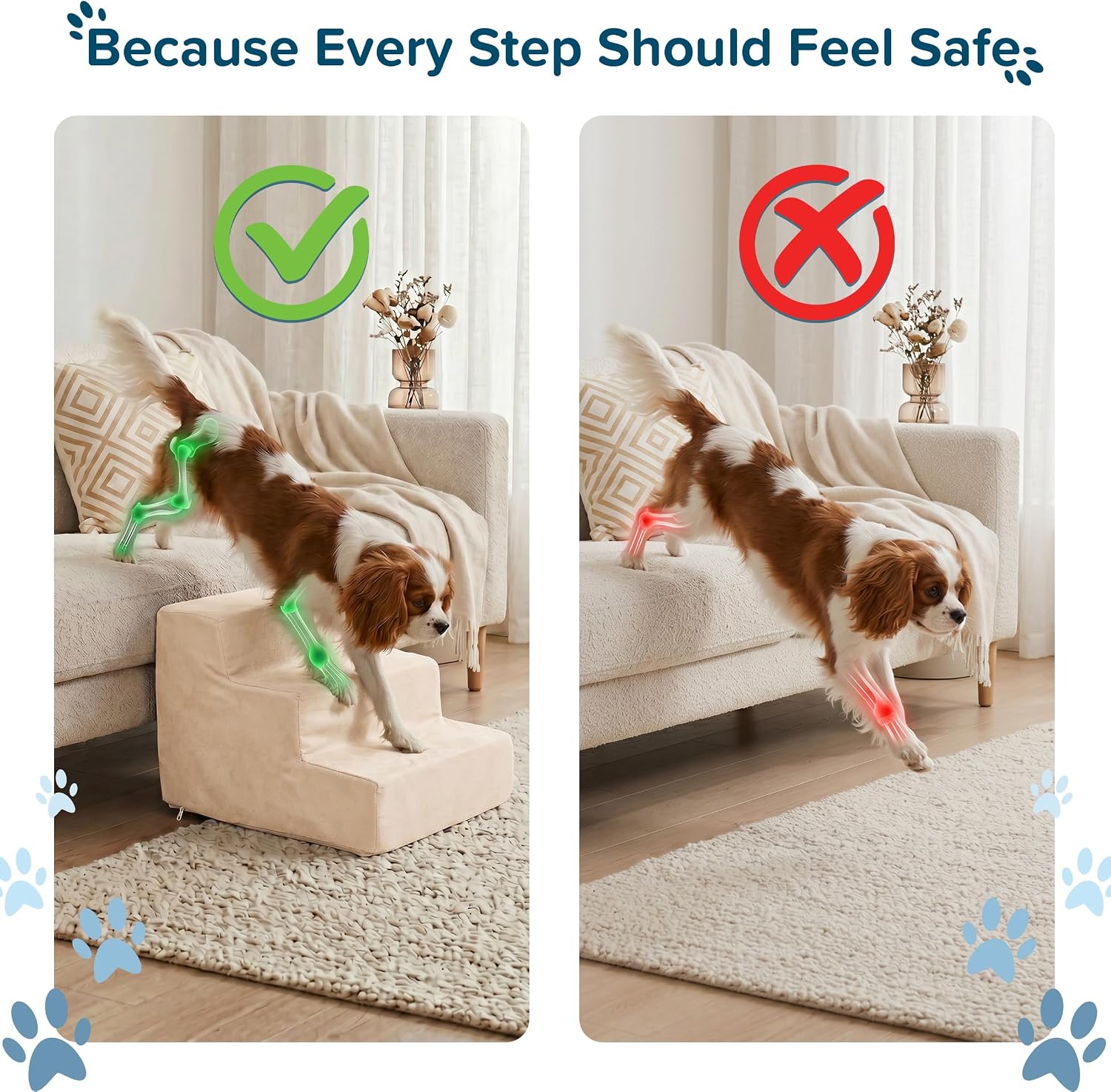 3-Step Pet Stairs - Nonslip Foam Dog and Cat Steps with Removable Zippered Microfiber Cover - 2-Tone Design for Home or Vehicle Use by PETMAKER (Tan) | 3-Step Pet Steps for High Bed and Couch - Pet Stairs with Nonslip Bottom, High-Density Foam, and Remov…