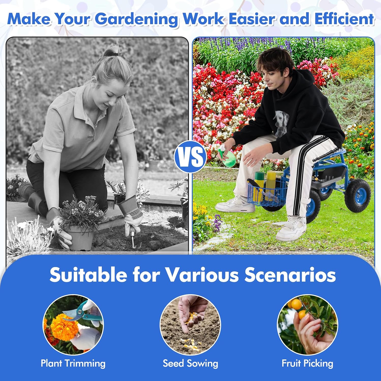 Goplus Rolling Garden Cart with Seat, Outdoor Garden Stool with Wheels, Tool Tray & Basket, Adjustable Steering Handle