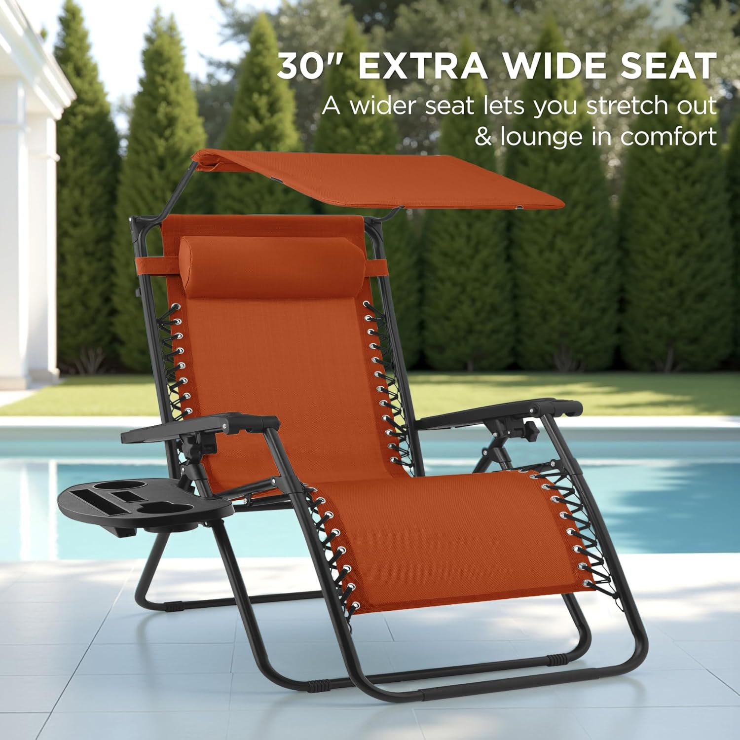Best Choice Products Folding Zero Gravity Outdoor Recliner Patio Lounge Chair w/Adjustable Canopy Shade, Headrest, Side Accessory Tray, Textilene Mesh - Beige