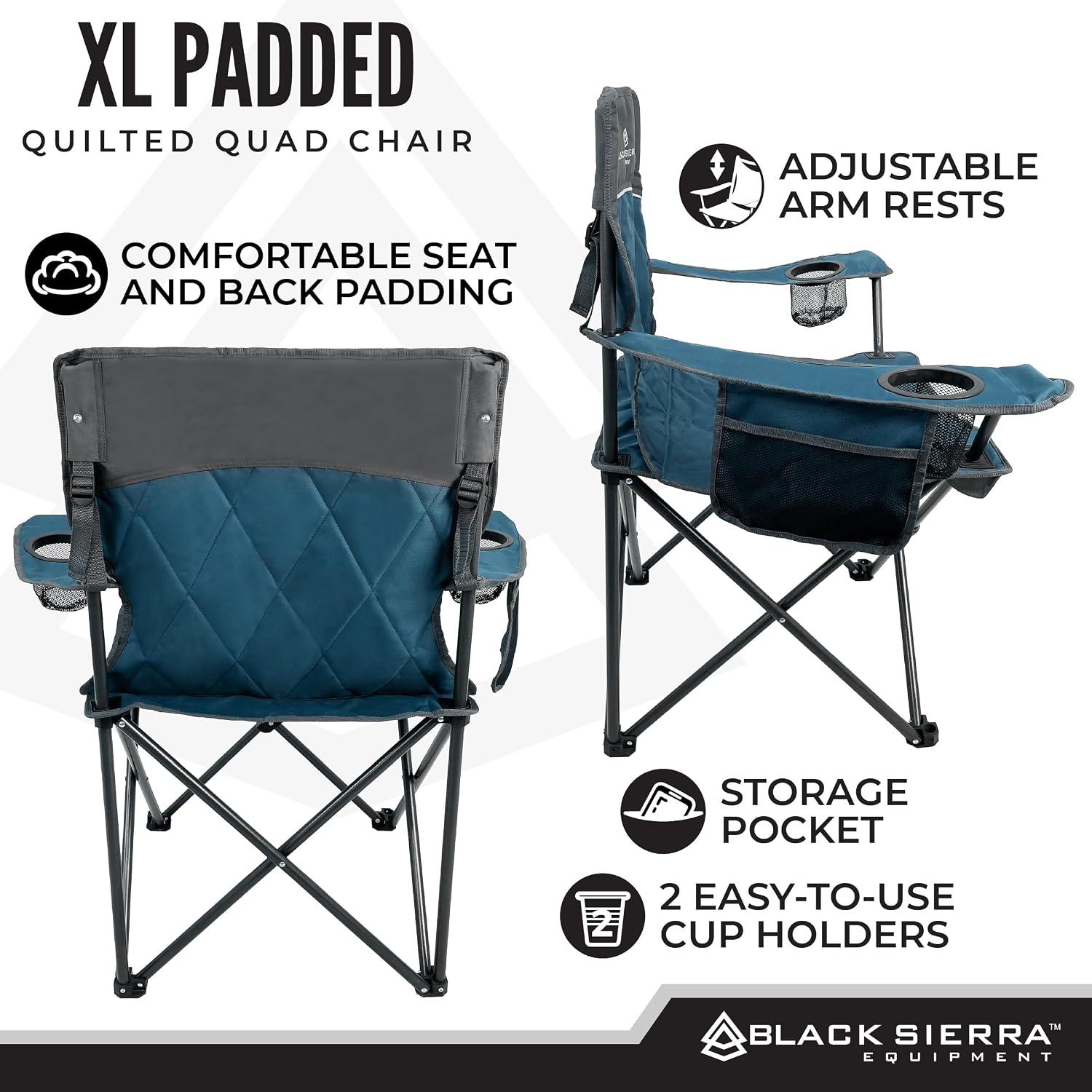 Black Sierra Quilted Padded Camping Chair, Oversized Heavy Duty Outdoor Lounge Seat Supports 300 lbs, Portable, Folding with Cup Holder for Beach, Tailgating, Sports, Patio