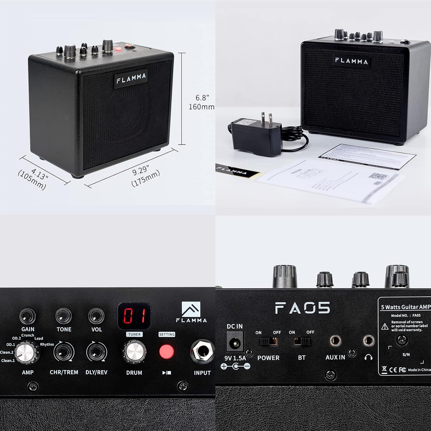 FLAMMA FA05 Electric Guitar Amplifier Combo Guitar Amp 5 Watt Support Bluetooth Headphone 7 Preamp Models Built-in Mod Reverb Delay Chorus Effects