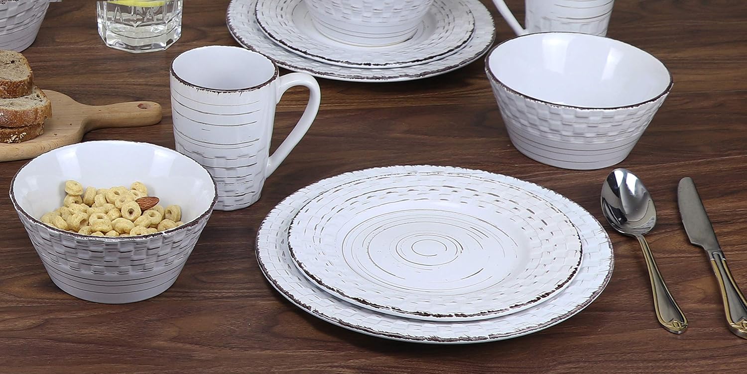 Lorren Home Trends Distressed Weave Dinnerware Set, Buttercup, 16 Piece | Service for 4