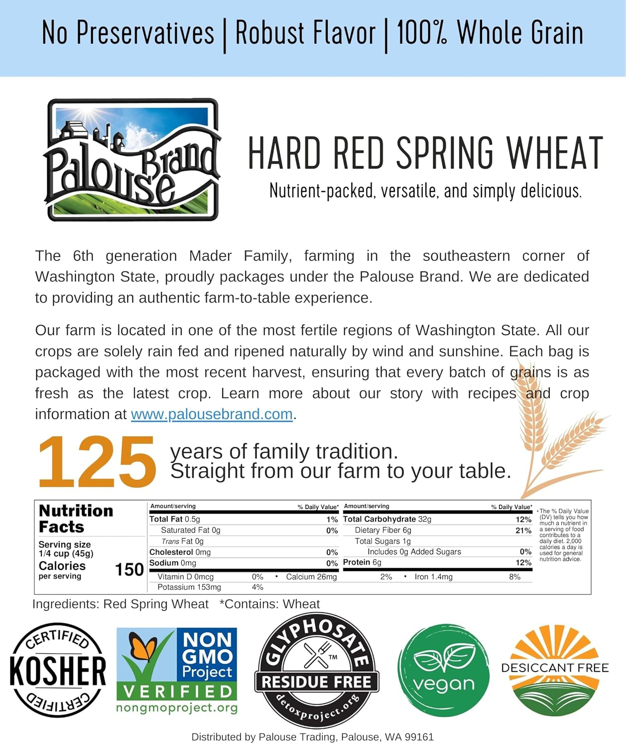 Palouse Brand Certified Glyphosate Residue Free Hard Red Spring Wheat Berries | 25 LBS Bag | Family Farmed in Washington State | Sproutable | Non-GMO Project Verified | Kosher