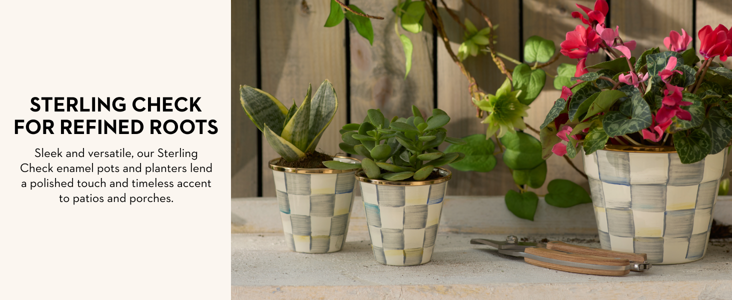 Mackenzie-Childs flowerpots. Text reads: Sterling Check for refined roots.