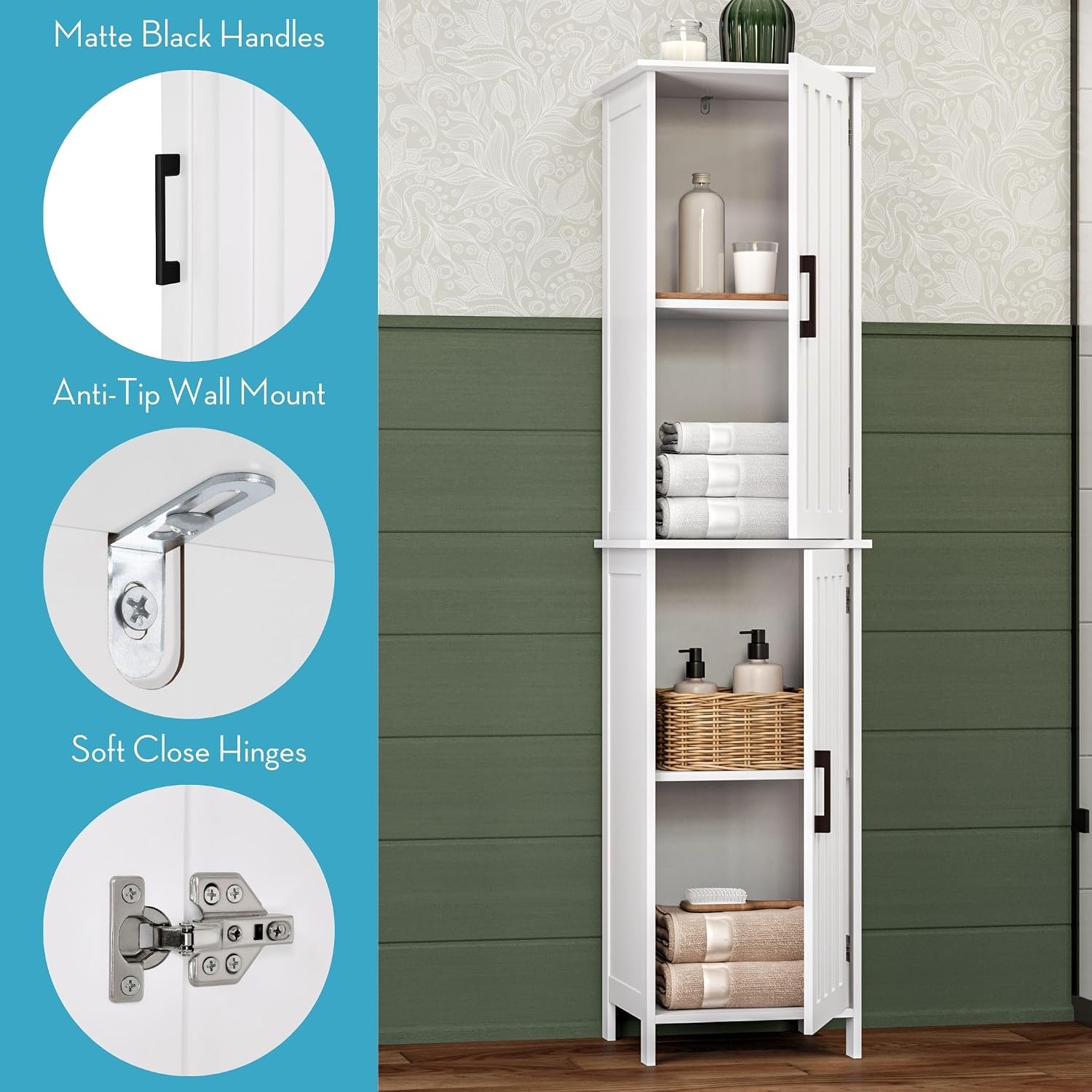 RiverRidge Monroe Tall 2-Door Bathroom Linen Cabinet, White | Soft Close Hinges, Adjustable Shelves, Matte Black Handles, Modern Farmhouse Style