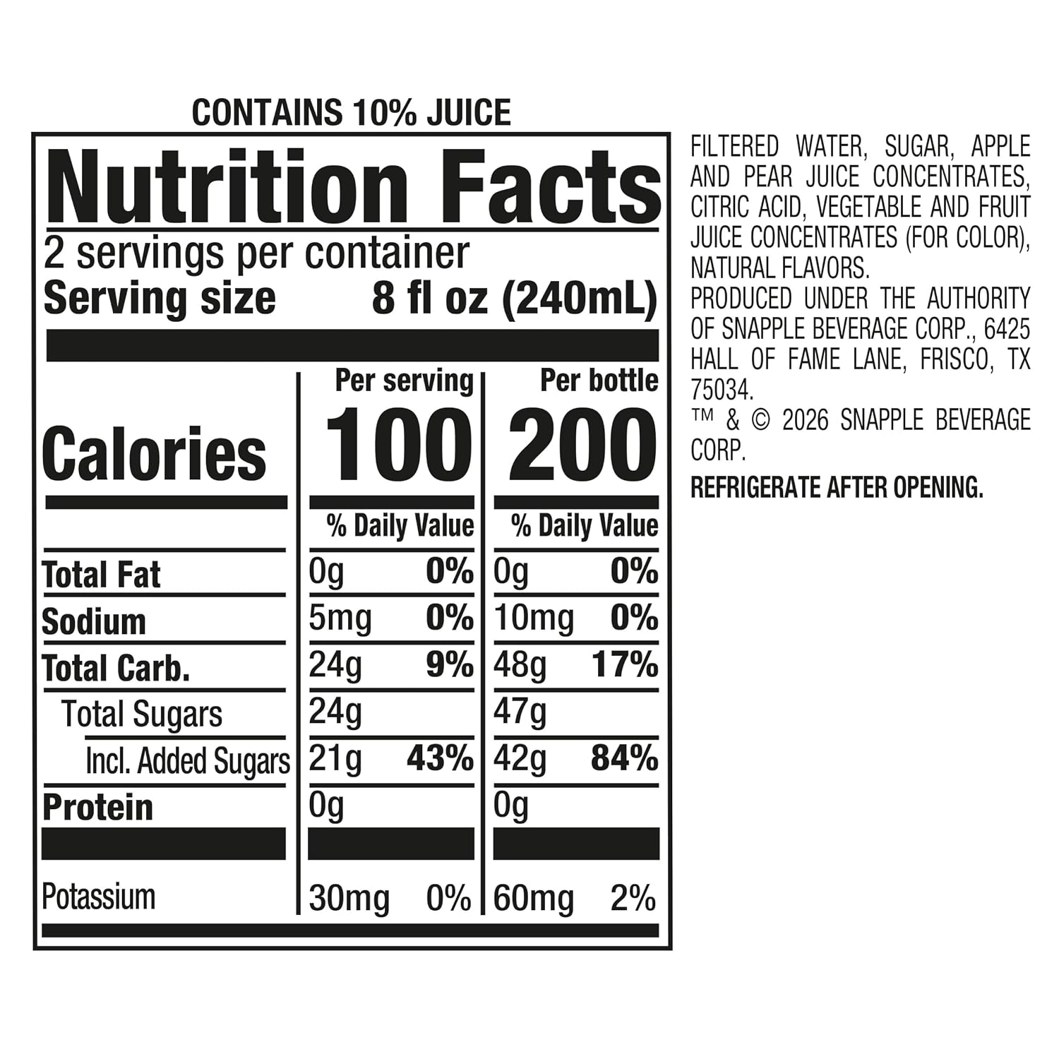 Snapple Apple Juice Drink, 16 Fl Oz Recycled Plastic Bottle, All Natural, No Artificial Flavors Or Sweeteners, Gluten-free, Contains 10% Real Juice 12 Pack