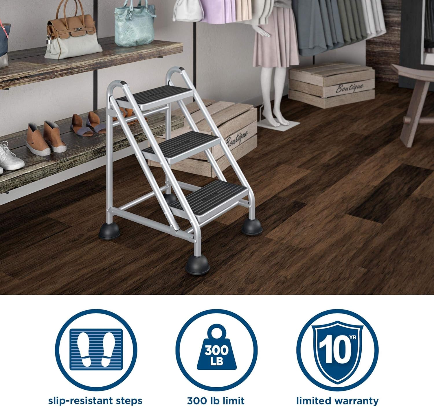 Cosco 3-Step Rolling Step Ladder, Grey