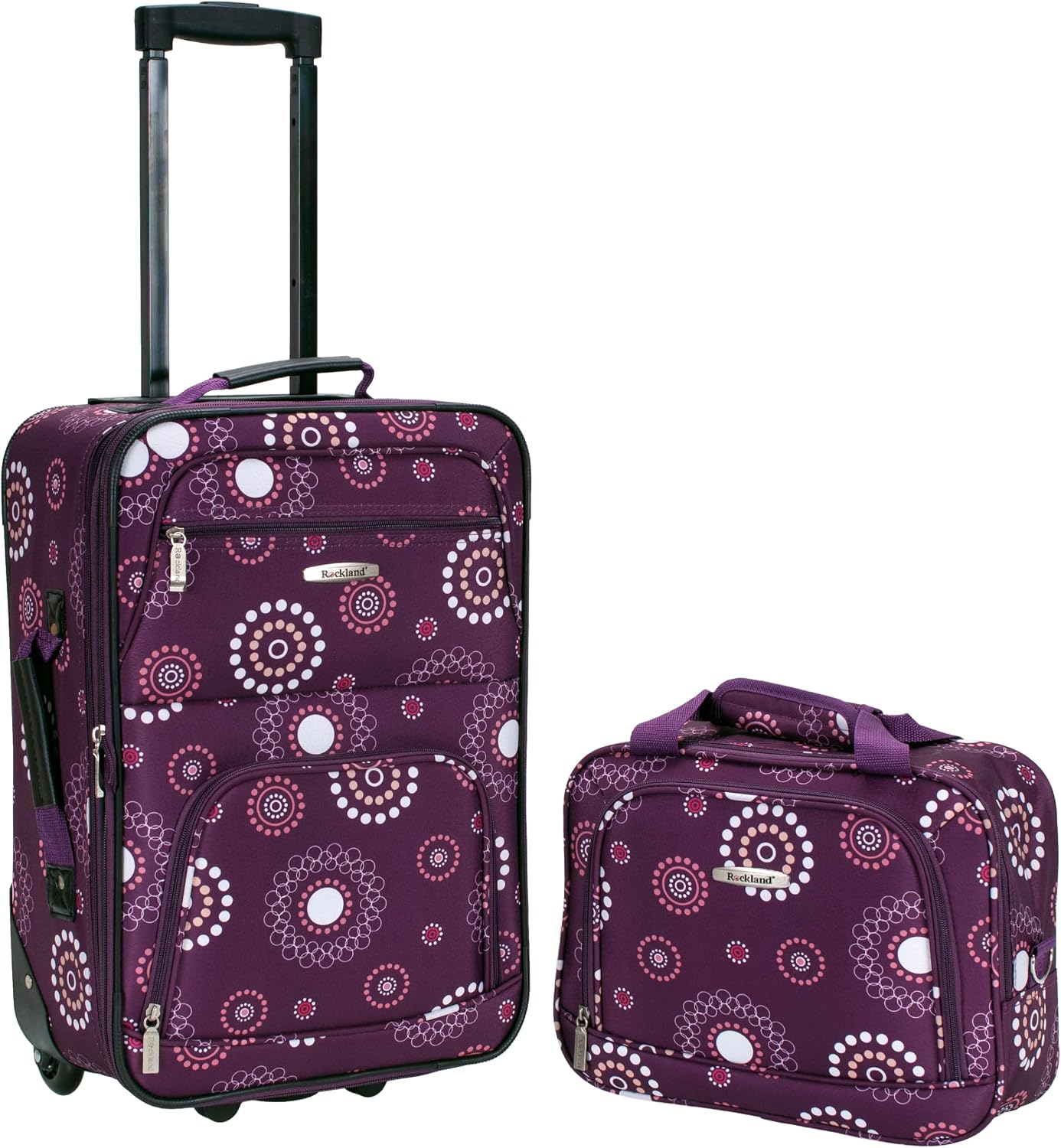 Rockland Fashion Softside Upright Luggage Set,Expandable, Telescopic Handle, Wheel, Black Dot, 2-Piece (14/19)
