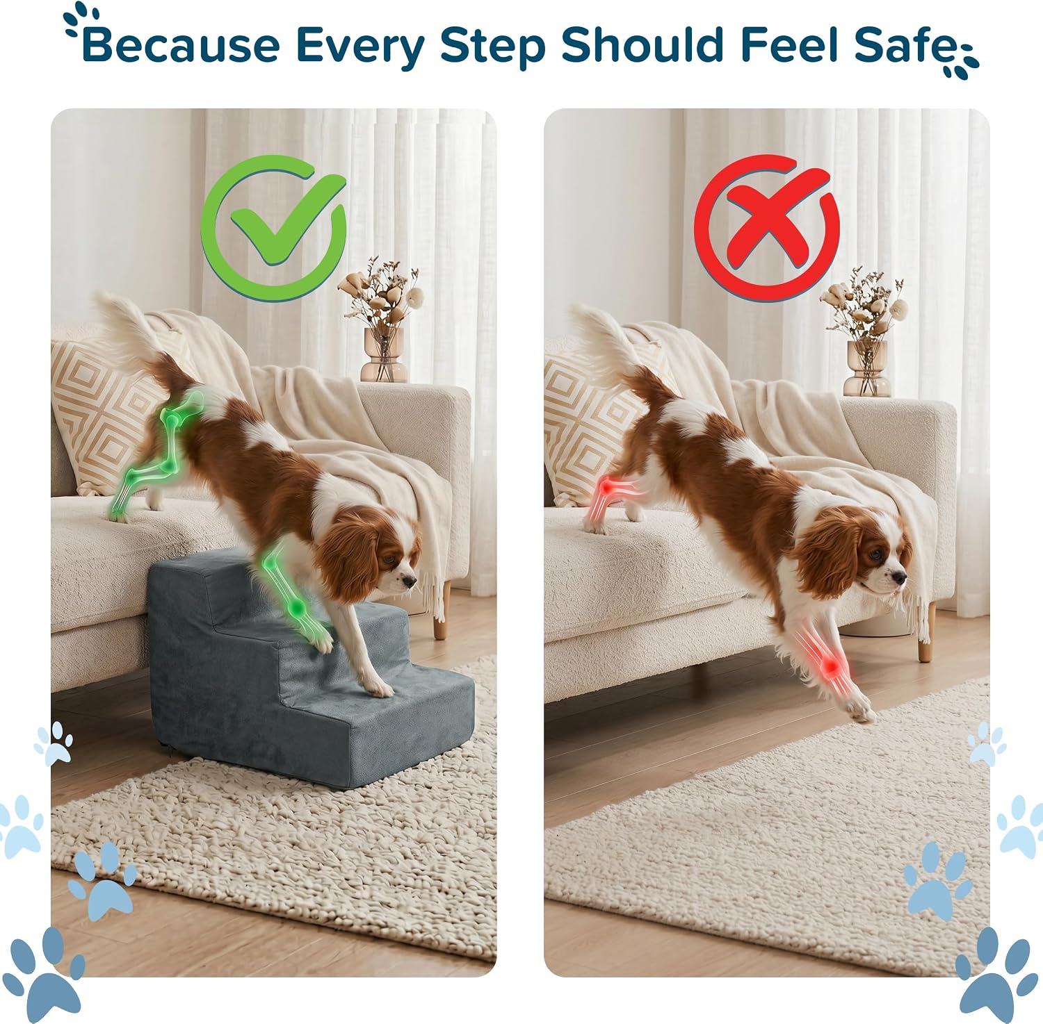 3-Step Pet Stairs - Nonslip Foam Dog and Cat Steps with Removable Zippered Microfiber Cover - 2-Tone Design for Home or Vehicle Use by PETMAKER (Tan) | 3-Step Pet Steps for High Bed and Couch - Pet Stairs with Nonslip Bottom, High-Density Foam, and Remov…