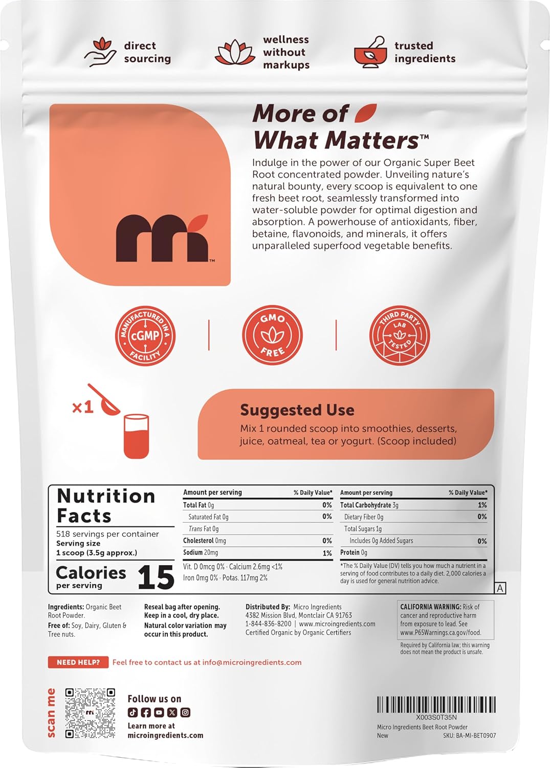 Micro Ingredients Organic Beet Root Powder, 4 Pounds | Nitric Oxide Supplement for Men & Women | Water Soluble, Highly Concentrated Raw Beet Supplement | Superfood Drink Mix | Non-GMO, Plant Based