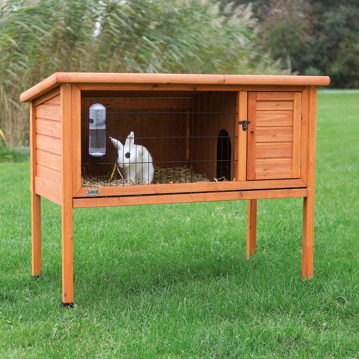 Trixie 2-Story Rabbit Hutch with Retreat Area, Non-Slip Ramp, Hinged Roof with Locking Arm, 4 Doors, 2 Metal Slide Latches, and Pull-Out Trays for Easy Cleaning