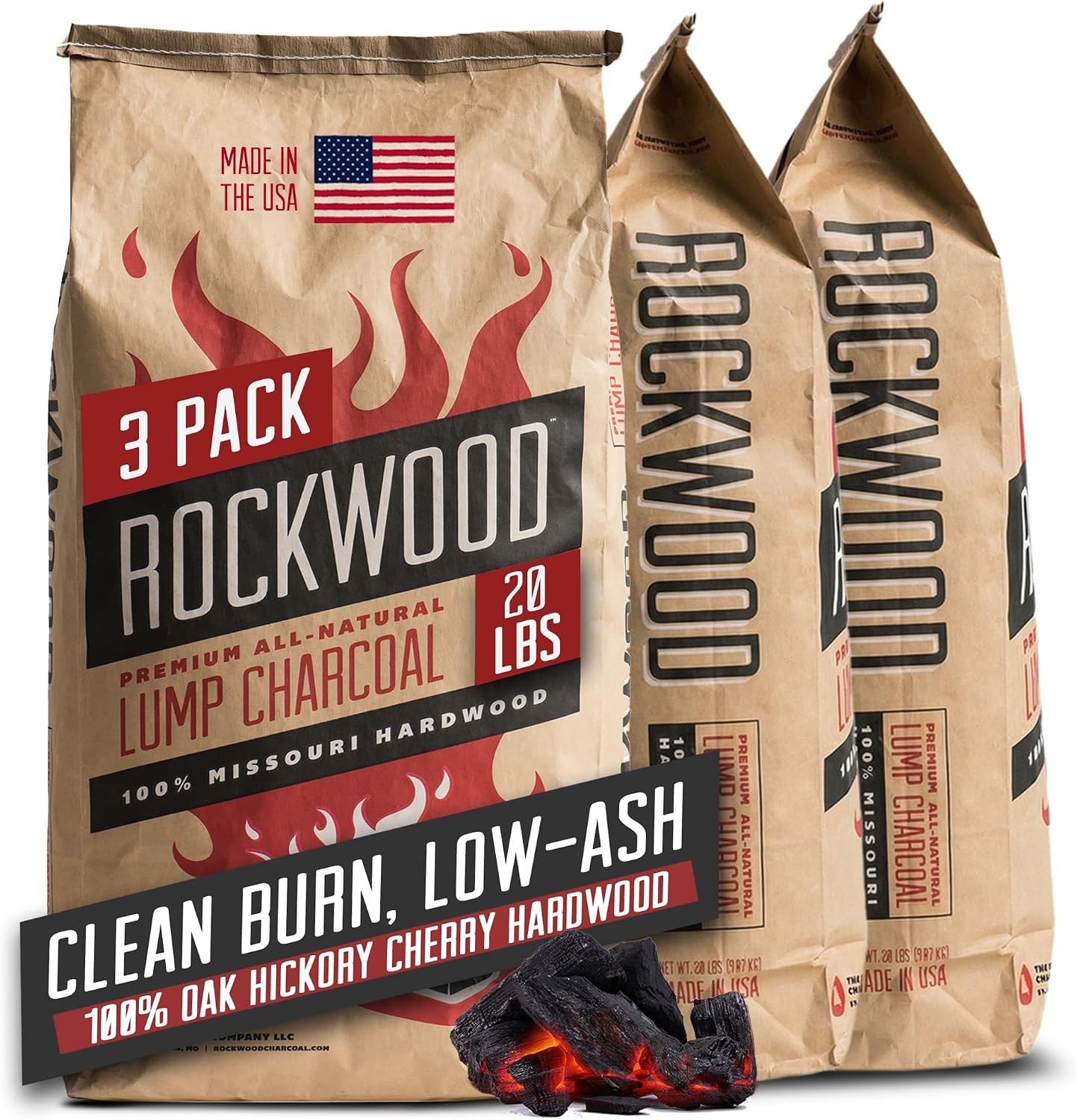 Rockwood Natural Lump Charcoal – Hardwood Lump Charcoal - 20 lbs, 1 Pack | Hardwood Lump Charcoal with Blend of Oak, Hickory & Cherry - Clean Burn, High Heat Grilling & Smoking - For Kettle & Kamado