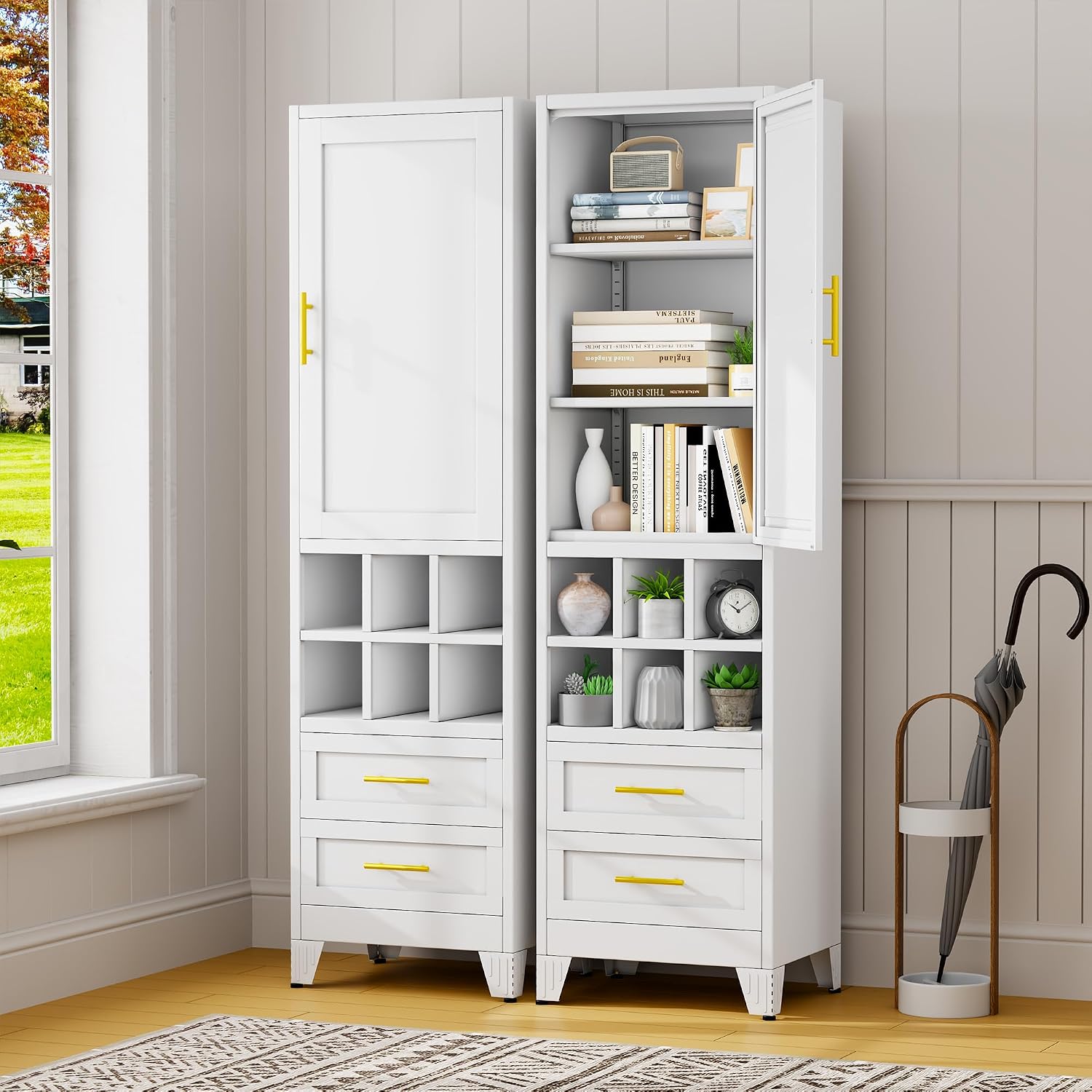 pozdeg 67" Tall Narrow White Metal Storage Cabinet | 2 Doors, 4 Adjustable Shelves, Freestanding Slim Pantry Organizer for Bathroom Kitchen Living Room