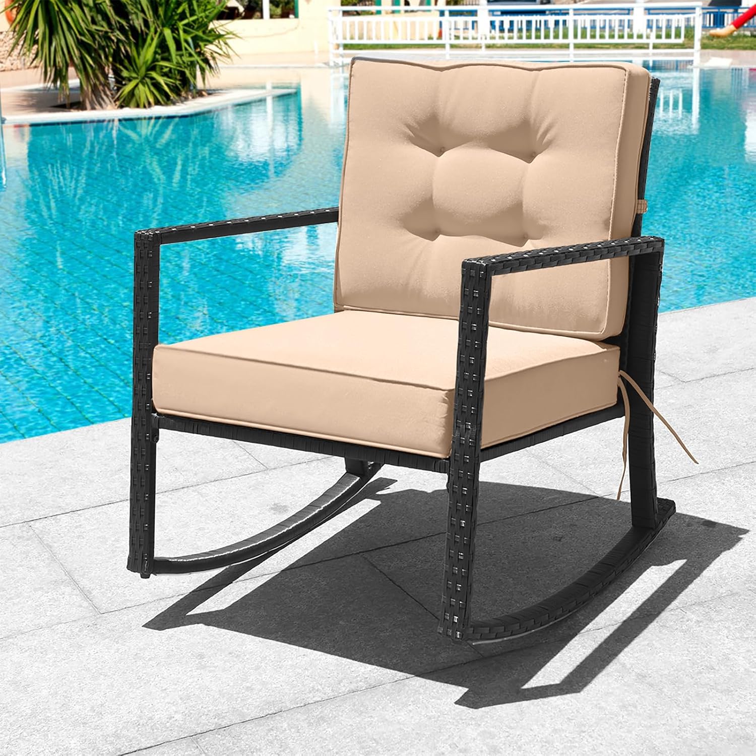 Tangkula Wicker Rocking Chair, Outdoor Glider Rattan Rocker Chair with Heavy-Duty Steel Frame