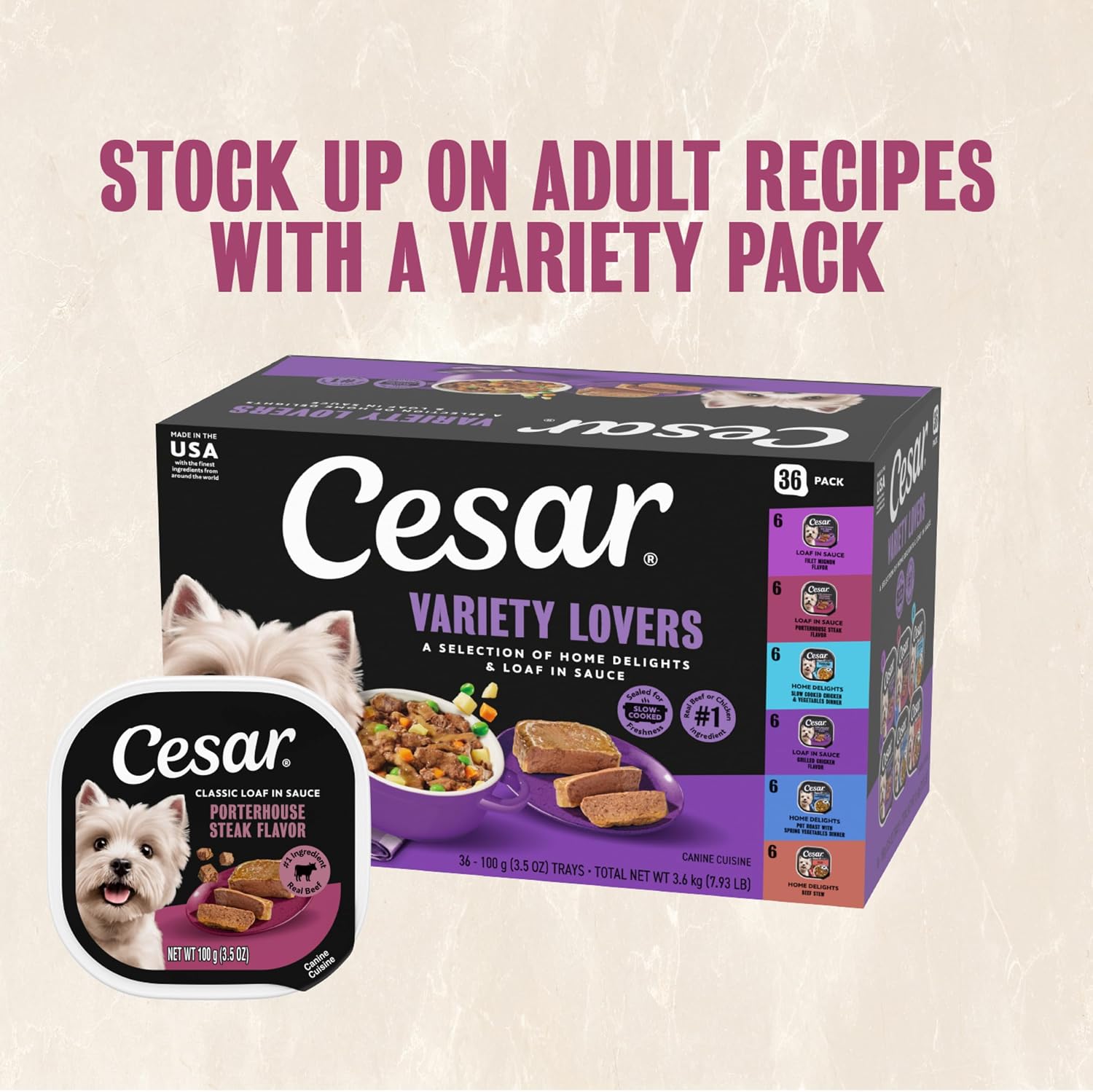 Cesar Wet Dog Food, Steak Lovers Variety Pack, 3.5 oz, 36 Count | Real meat #1 ingredient, easy peel trays, 100% complete & balanced, no fillers, no added sugar, no artificial flavors
