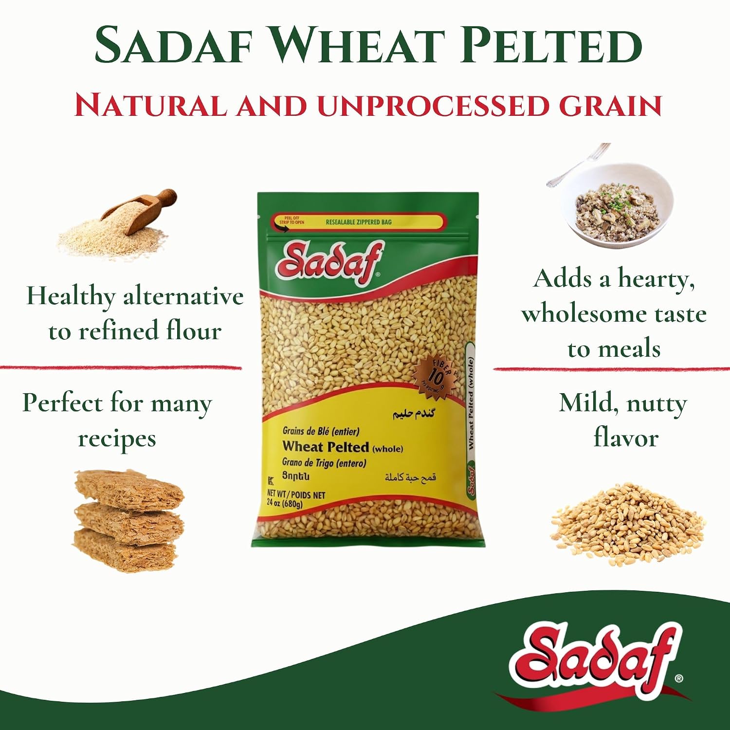 Sadaf Wheat Pelted - Wheat Berries for Cooking and Food Flavoring - Vegan Recipes - Trigo en Grano - Middle Eastern Cuisine - Kosher - 24 oz Resealable Bag